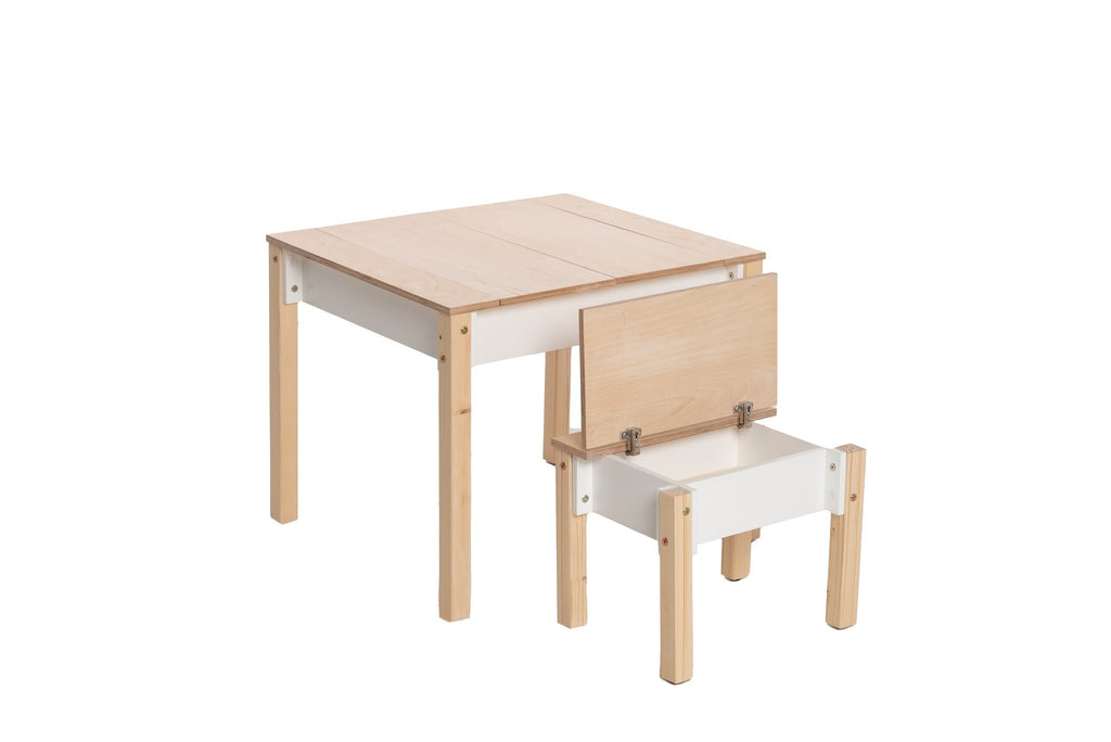 2. Studio shot of children's smart storage table and chair set in light wood and white, showing open storage compartments