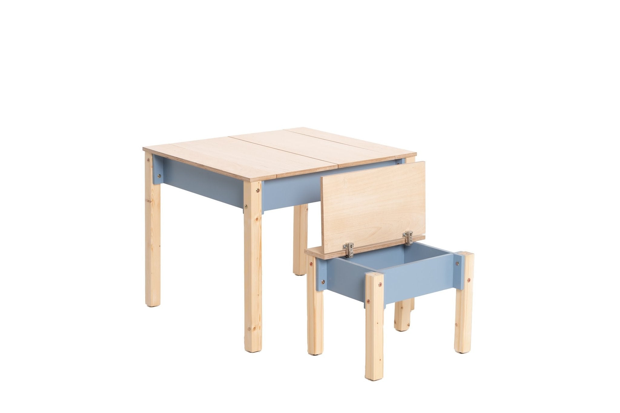 2. Studio shot of children's smart storage table and chair set in light wood and grey, closed storage compartments