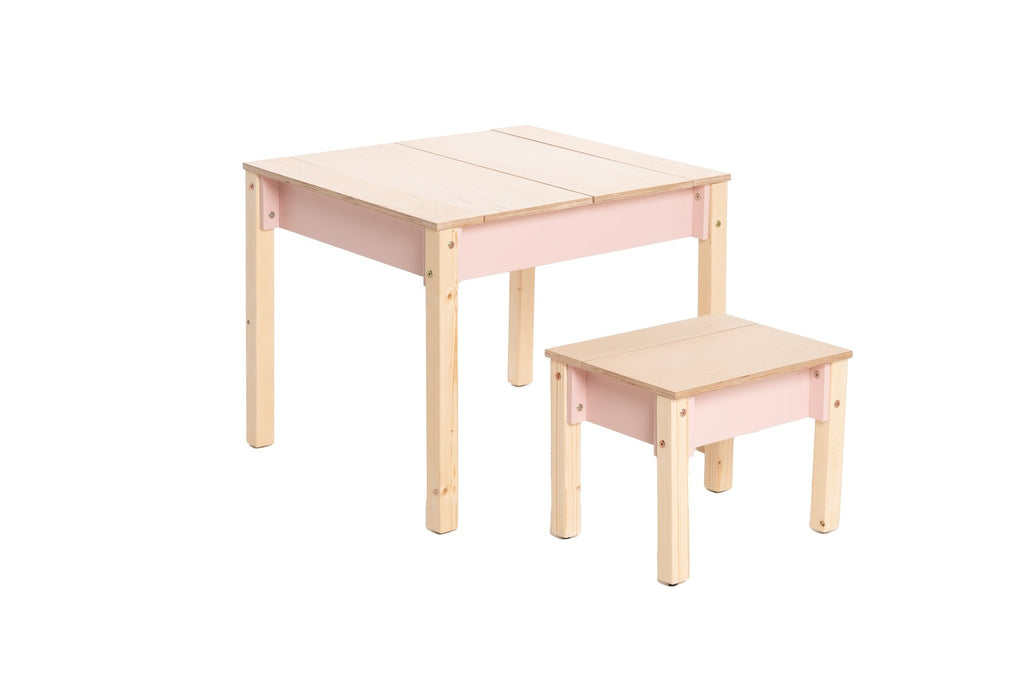 2. Studio shot of children's smart storage table and chair set in light wood, closed storage compartments