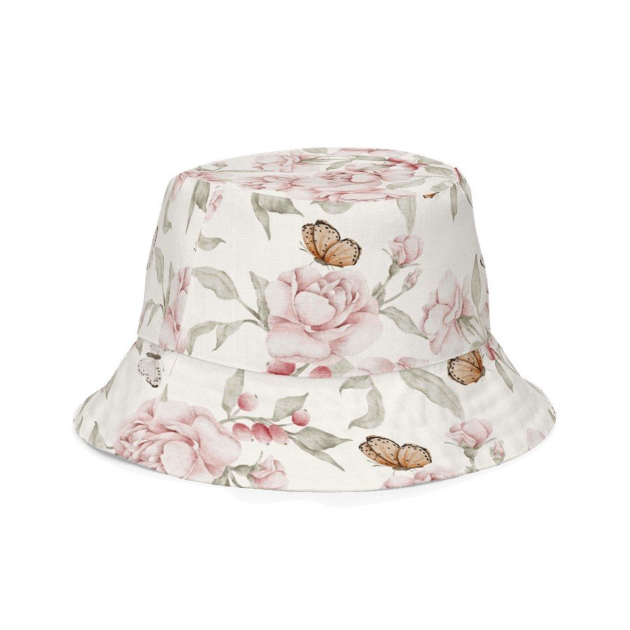 5. Side angle of Butterfly Blooms reversible bucket hat with floral and butterfly design on beige fabric