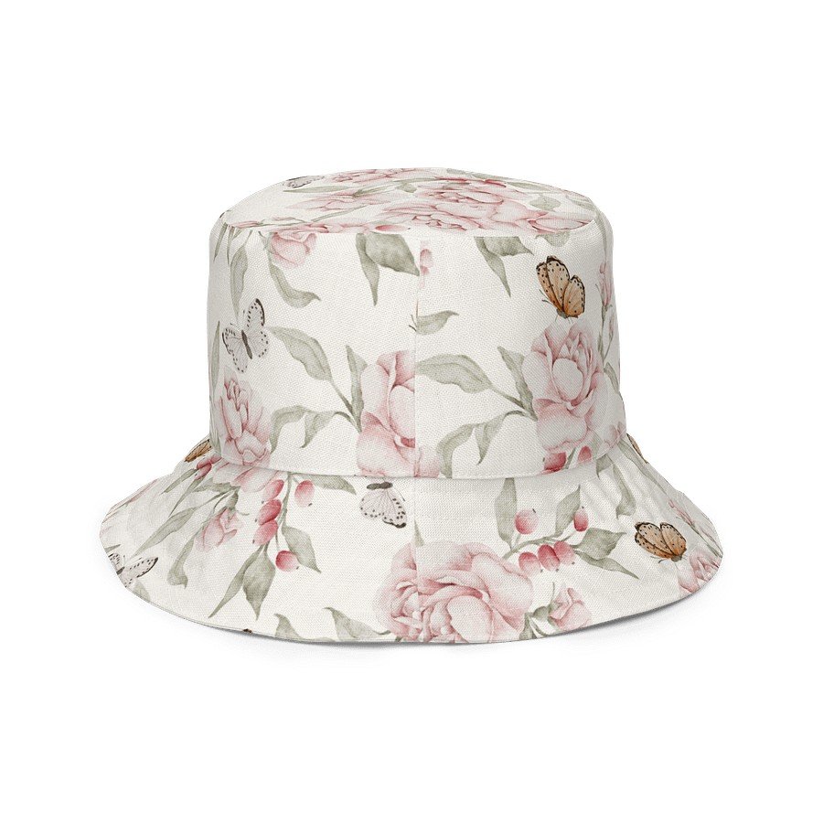 4. Side view of Butterfly Blooms reversible bucket hat with floral and butterfly pattern on beige background