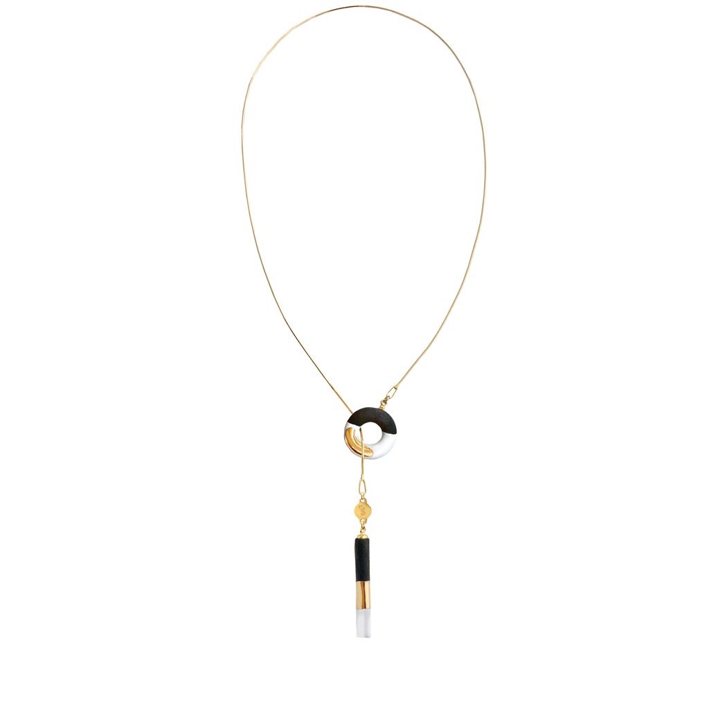 2. Studio image of SCULP OM Choker B&W featuring ceramic pendant and 24K gold-over-sterling silver chain
