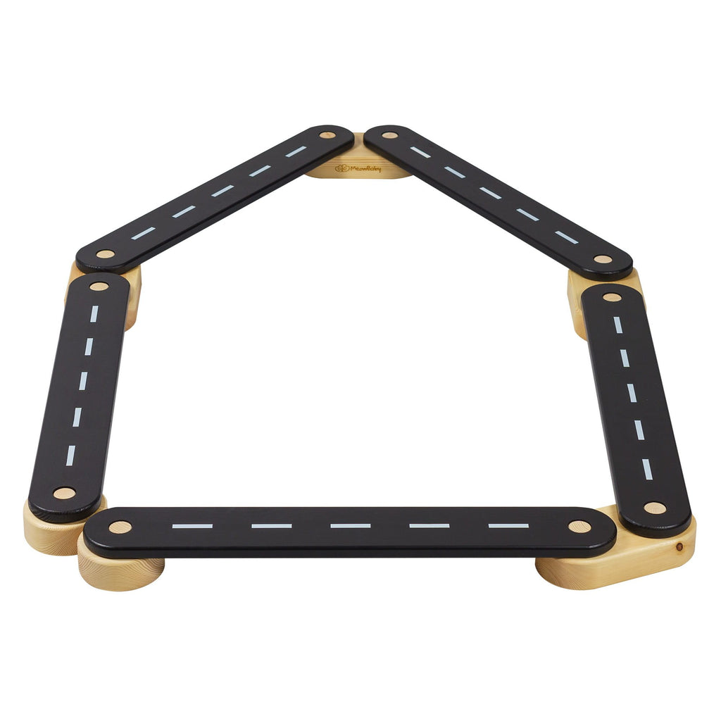 9. Wooden balance beam with black surface featuring road design, arranged in a pentagon shape