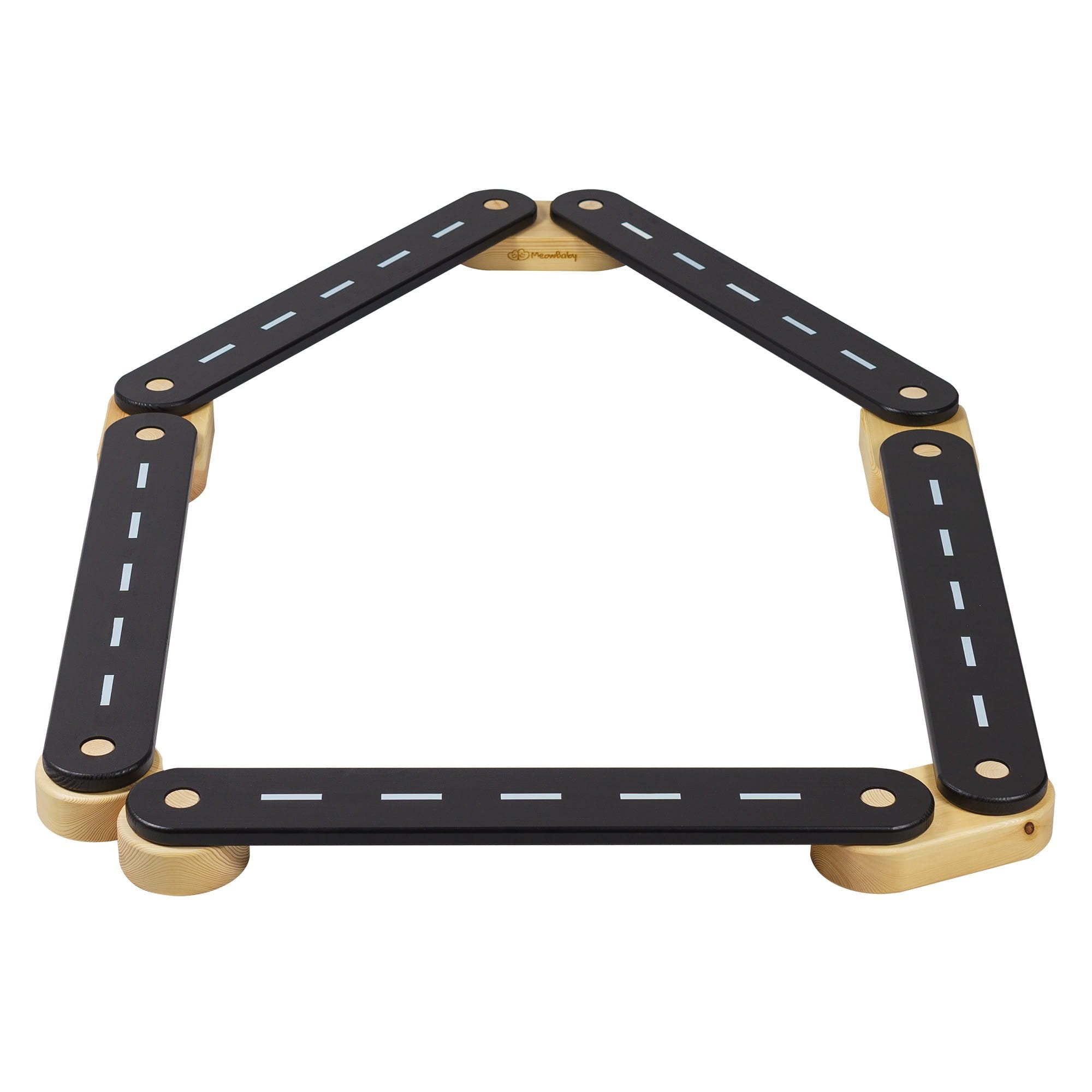 9. Wooden balance beam with black surface featuring road design, arranged in a pentagon shape