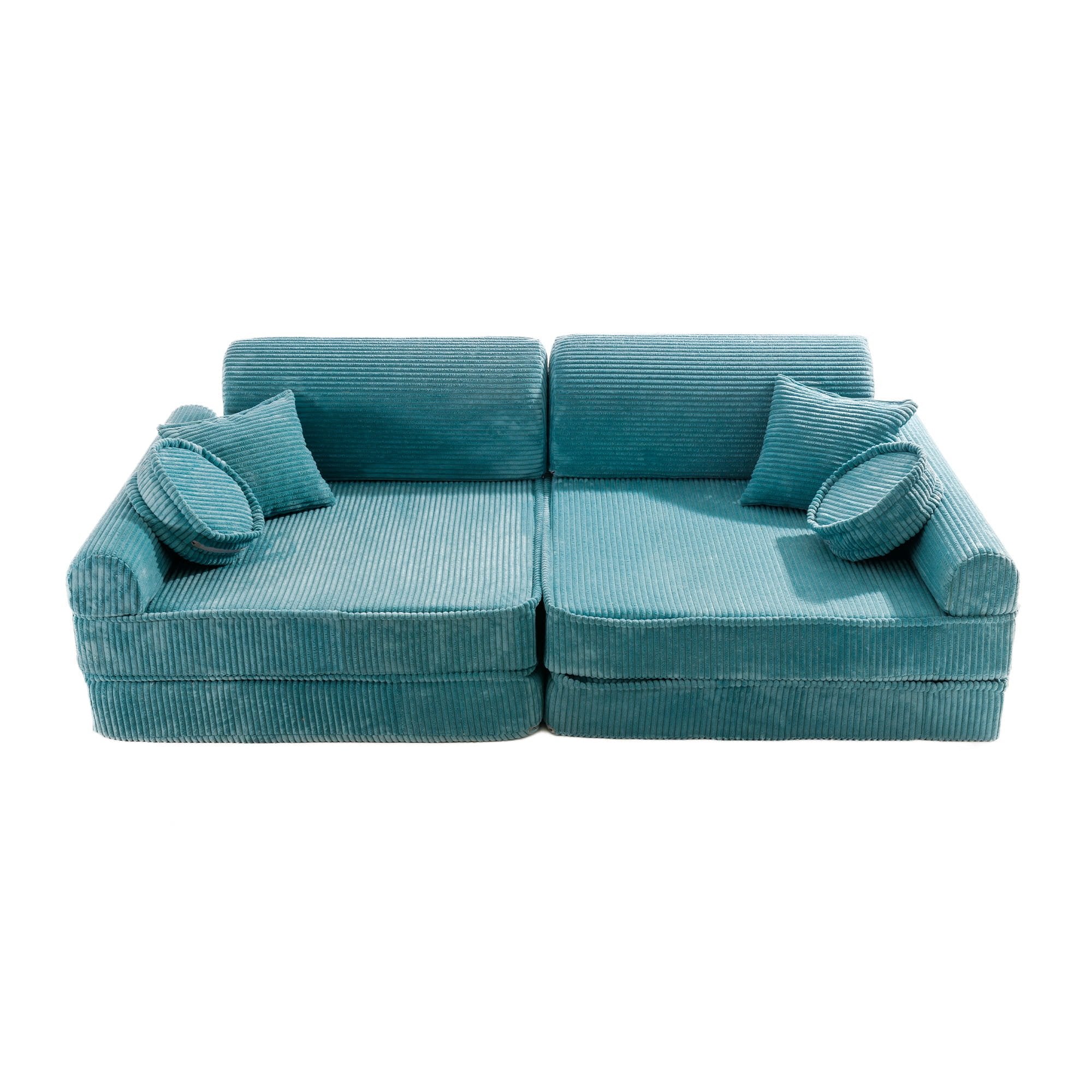 6. Turquoise corduroy modular sofa for kids in a standard seating arrangement with cushions