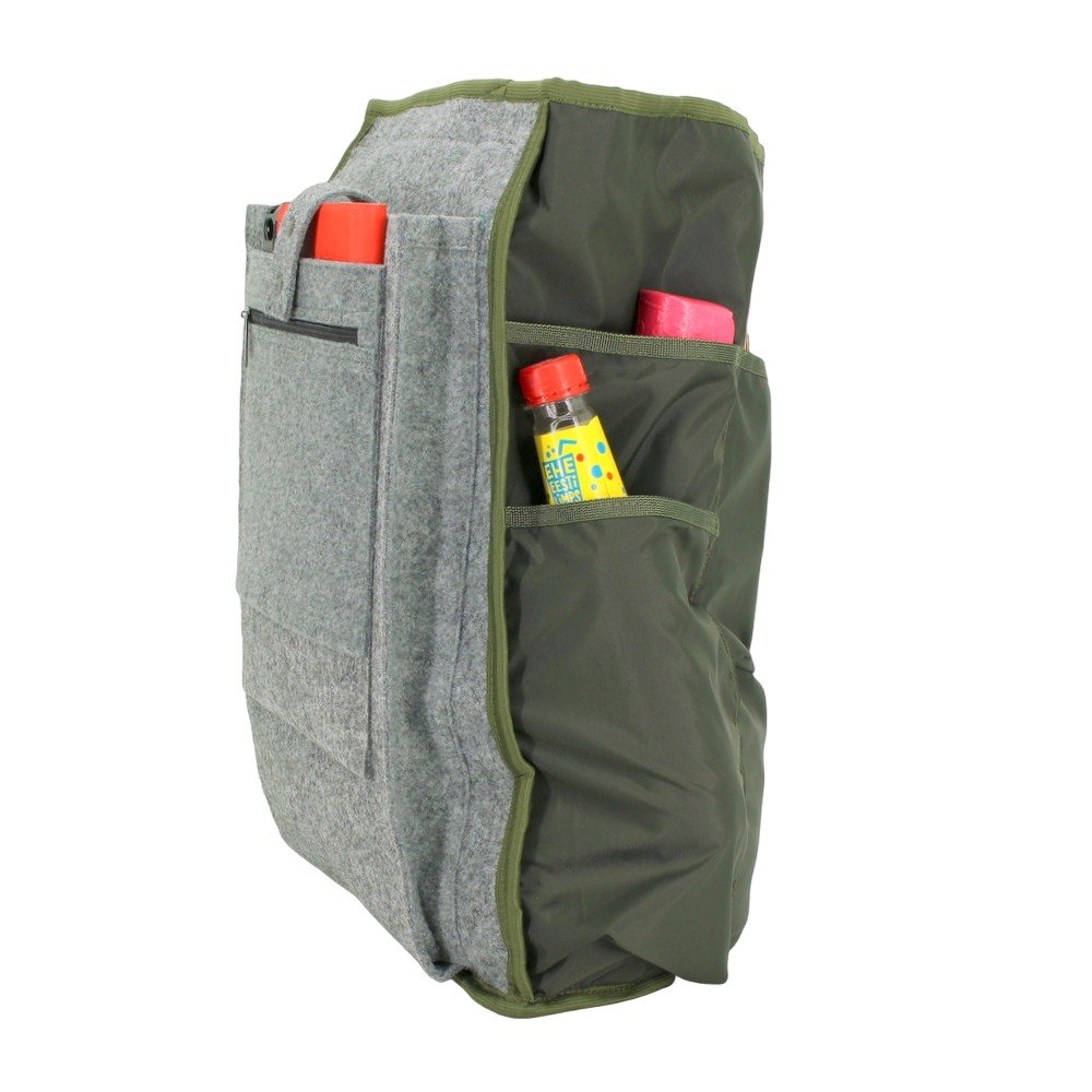 9. Side view of Noel Cafe Backpack's internal pockets with items, showing spacious design