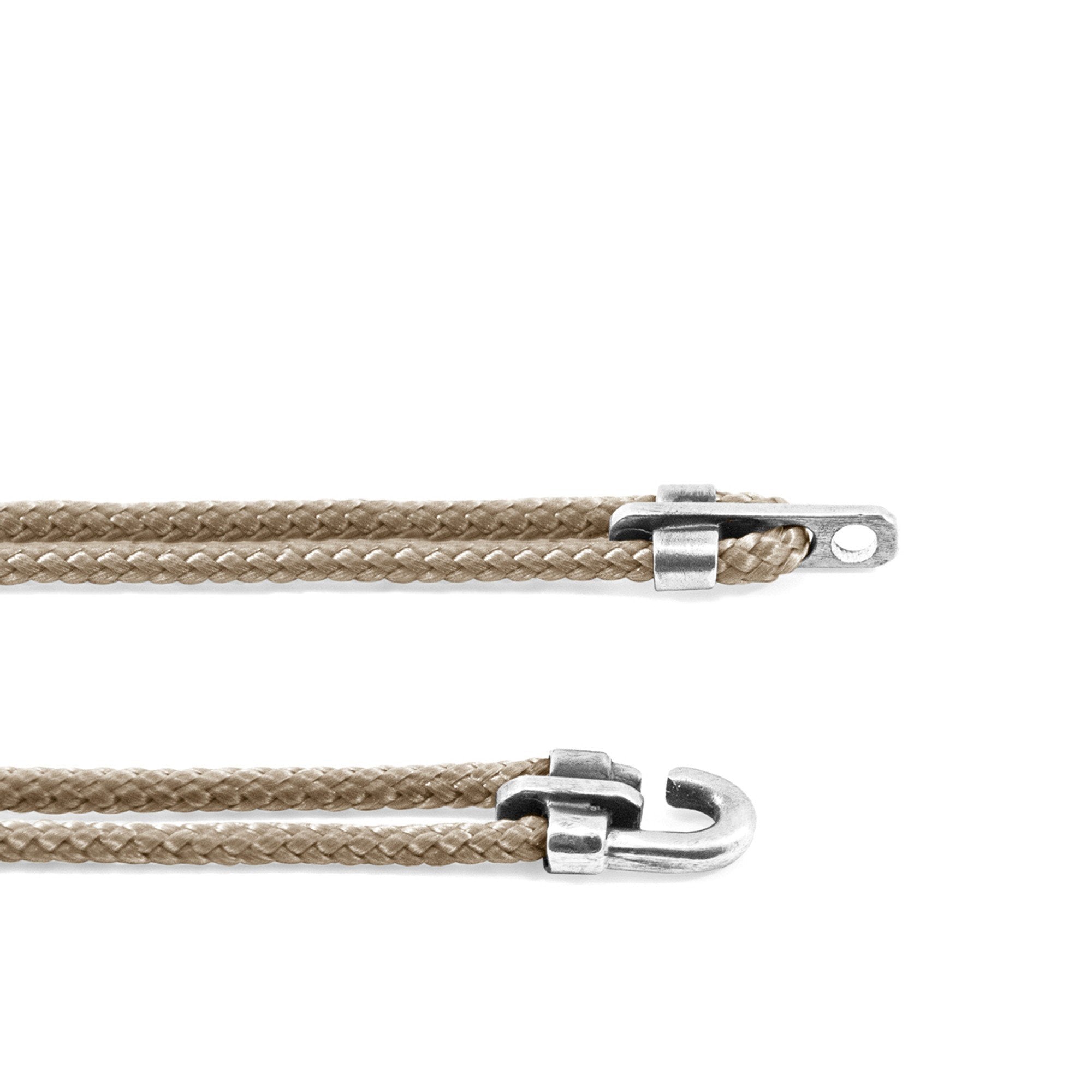 2. Close-up of ANCHOR & CREW Canterbury Bracelet showing sand brown rope and silver clasp details