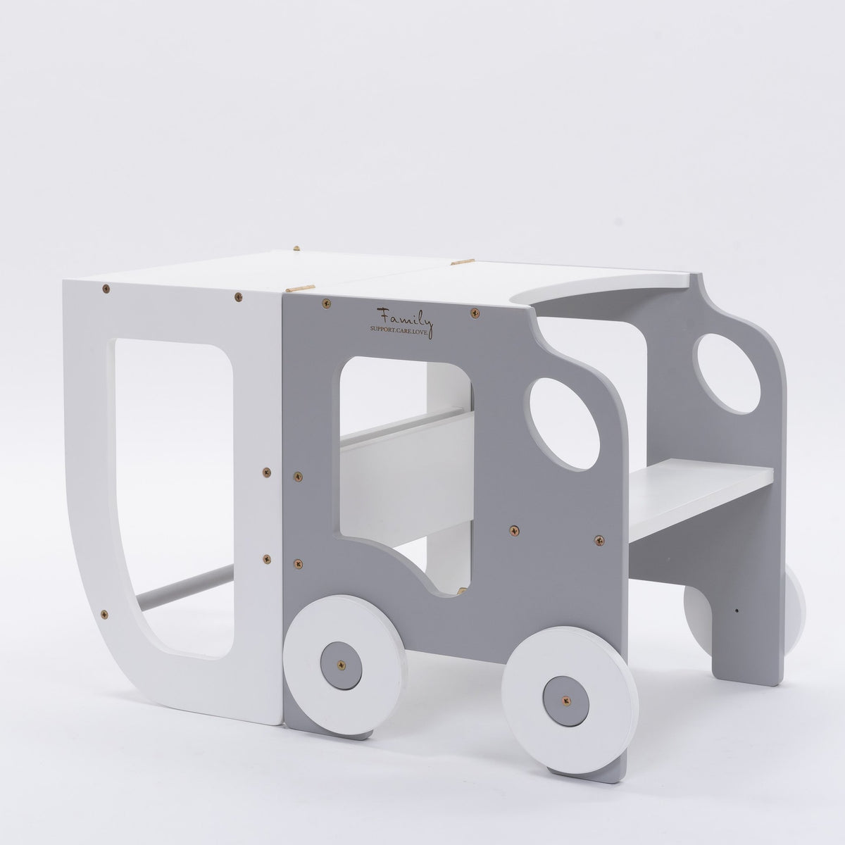 2. Grey and white Montessori learning table with wheel design on white background