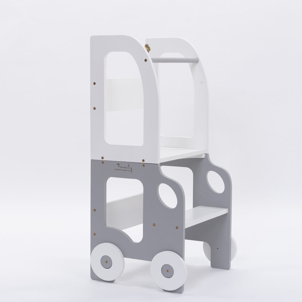 2. Grey and white Montessori kitchen step stool with wheel design on white background