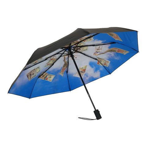 1. Open Cash Flow umbrella with blue sky and cash print design, black exterior, and rubber handle