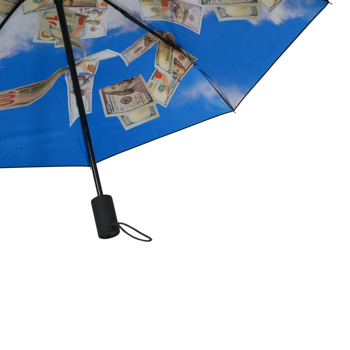 6. Close-up of Cash Flow umbrella with cash print design and rubber handle