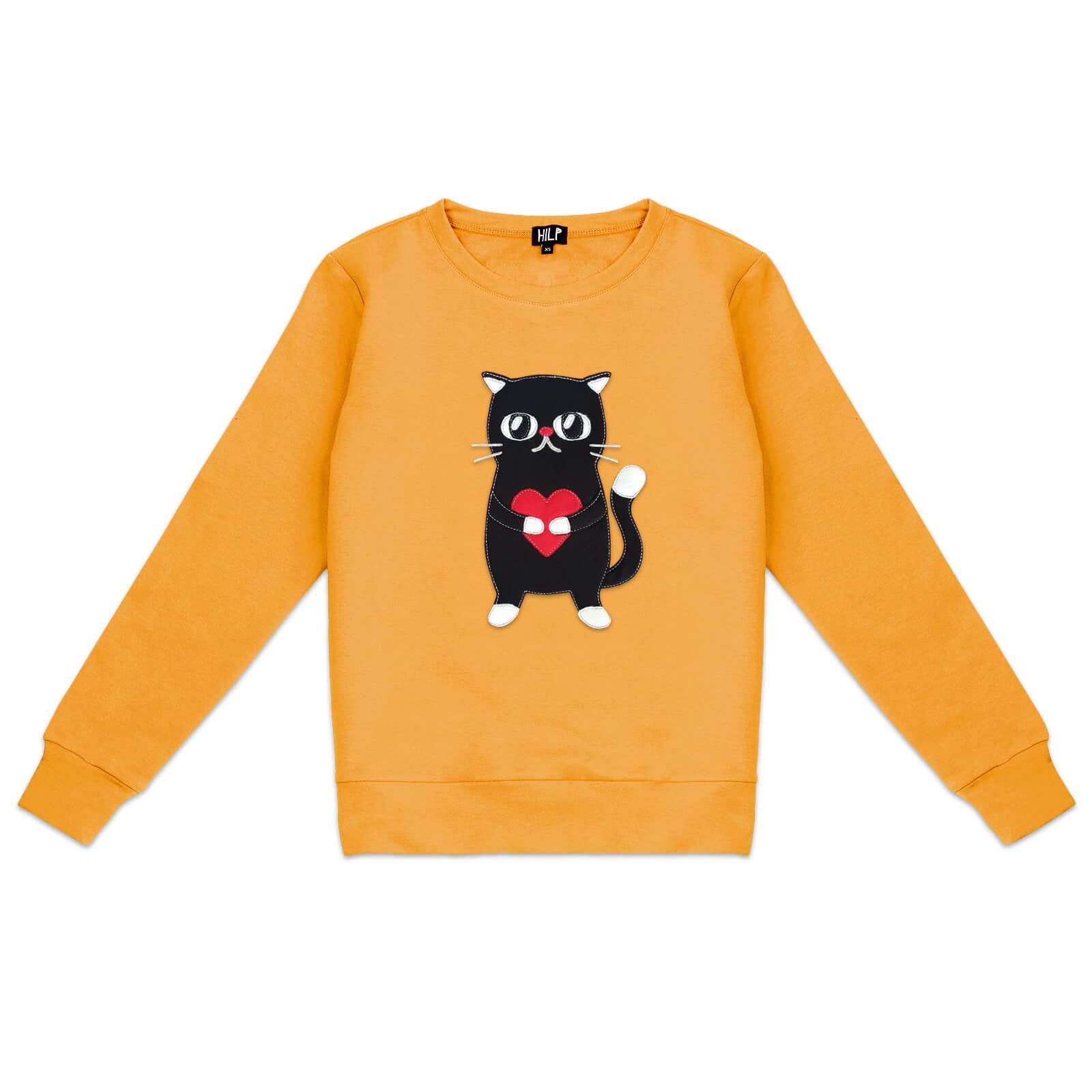 6. Women's HILP Heartful Cat Sweatshirt in yellow, featuring a cute cat with heart design, studio shot