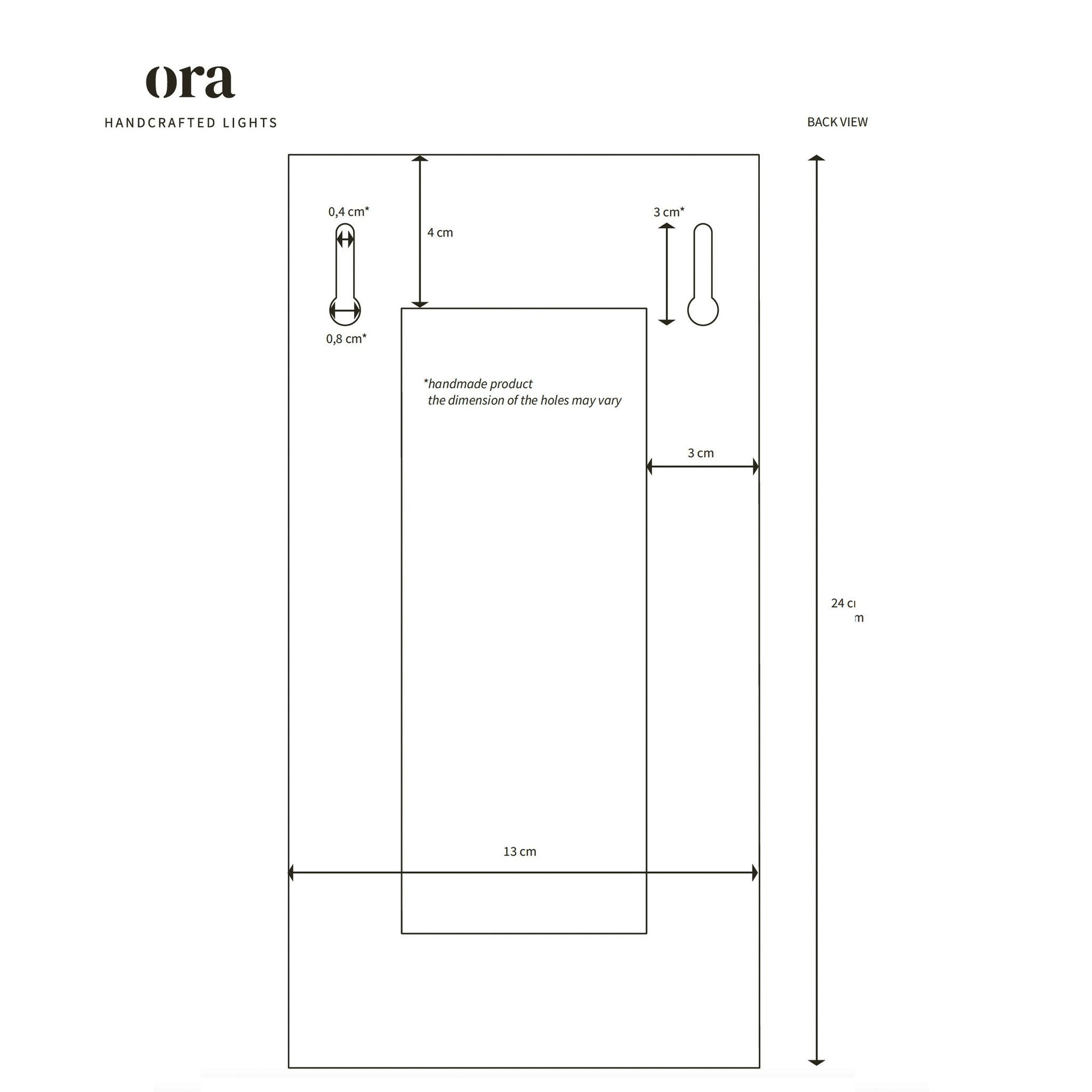 5. Back view size chart for Ora ceramic wall light with detailed measurements