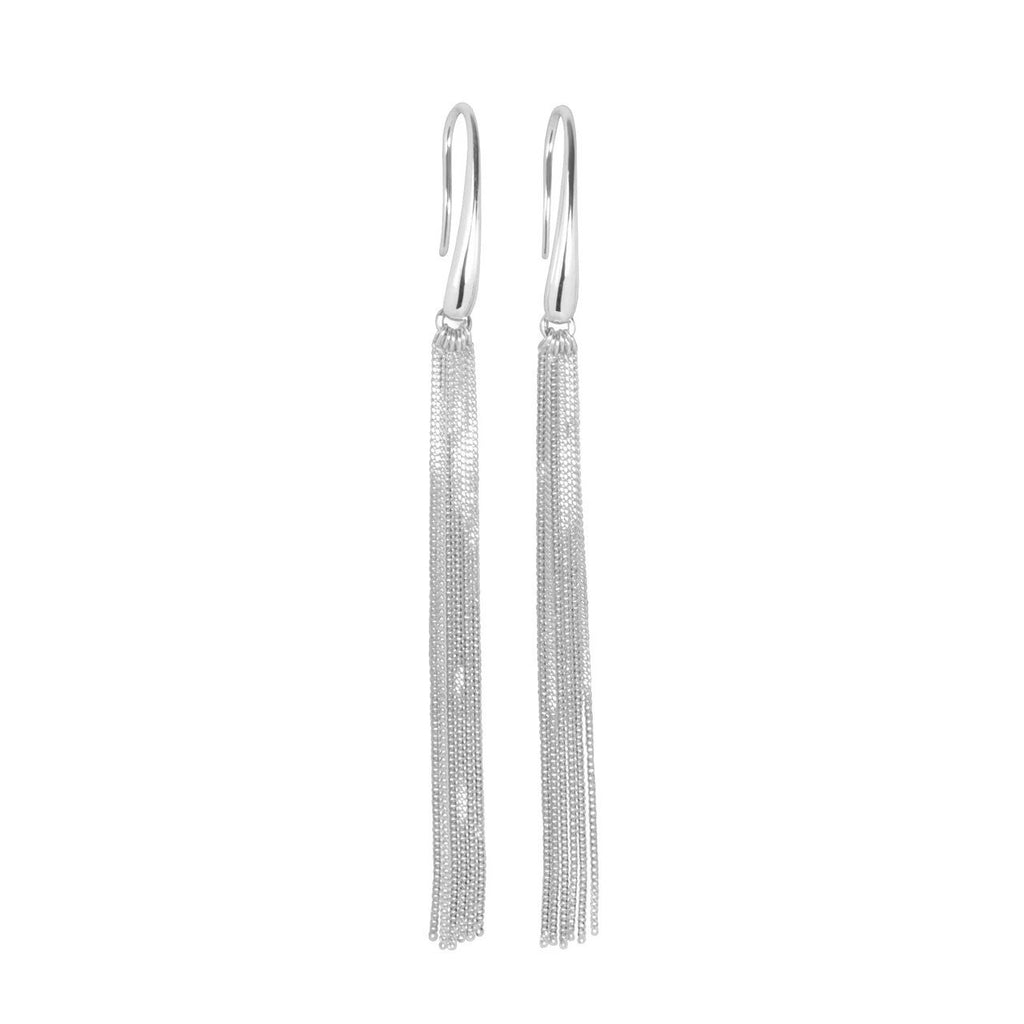 2. MyaMoon Cherie L-Tassel Earrings in silver, featuring slender chain tassels and curved mount, studio shot
