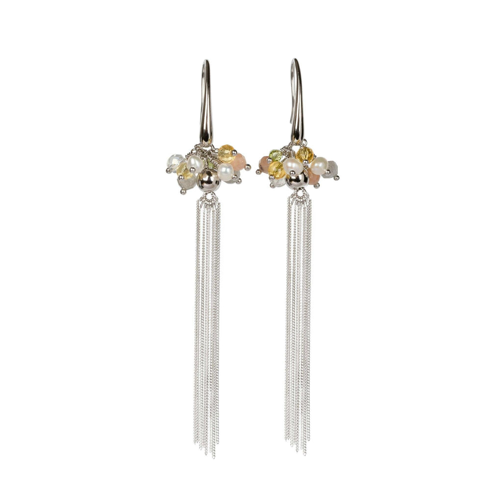 1. MyaMoon Cherie Color Tassel Earrings in silver with garnet and onyx pearl clusters, studio shot