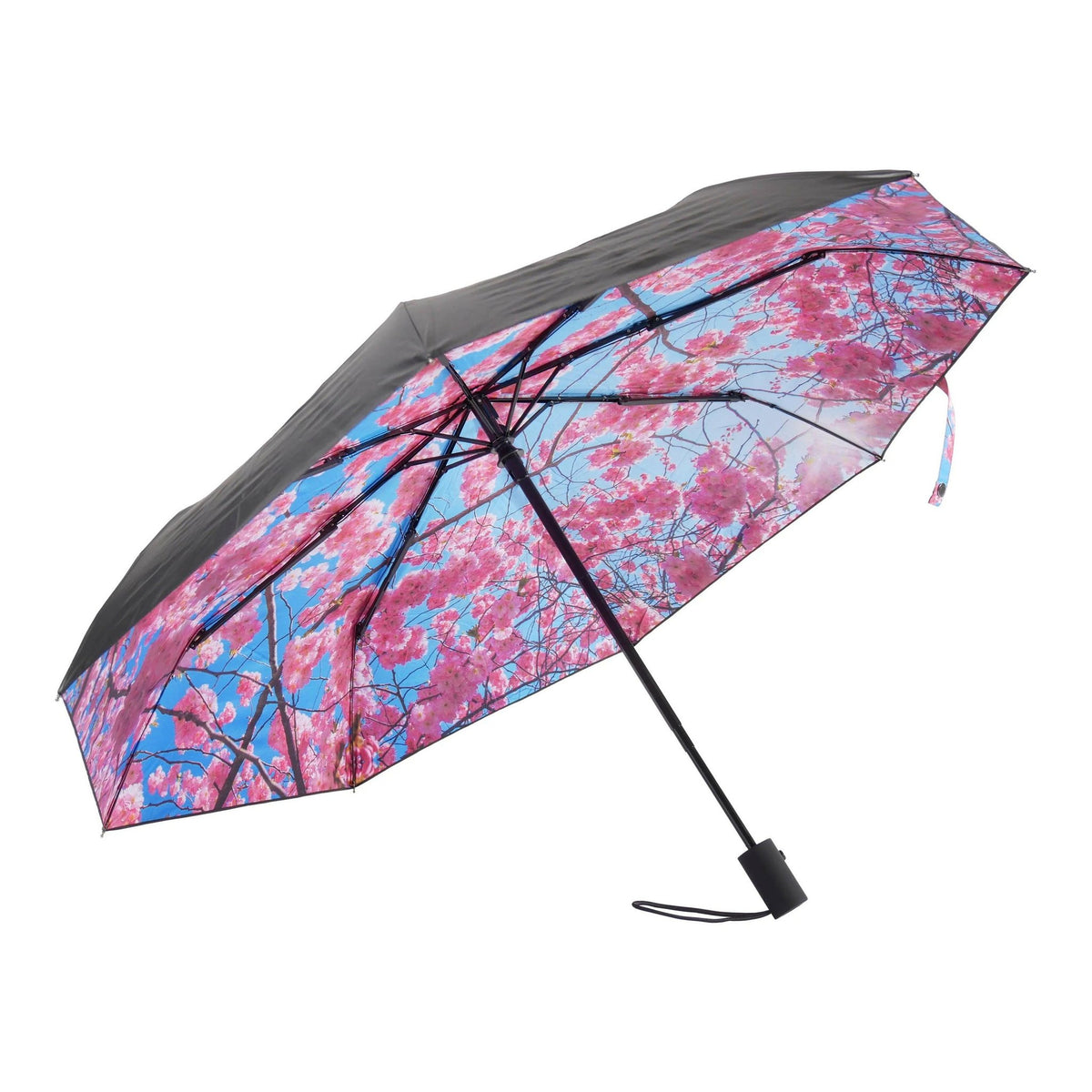 1. Cherry Blossom umbrella with pink floral pattern and black exterior, open view