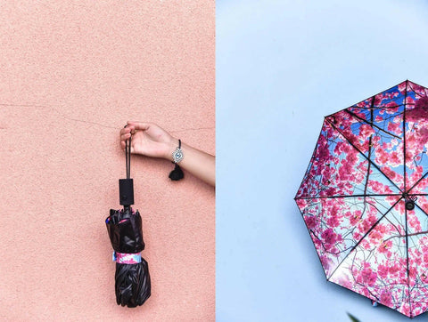 4. Flat lay of closed Cherry Blossom umbrella with floral pattern and open view