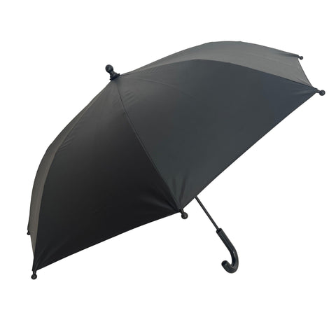 2. Black children's umbrella with curved handle, shown from side, highlighting windproof and UPF50+ features