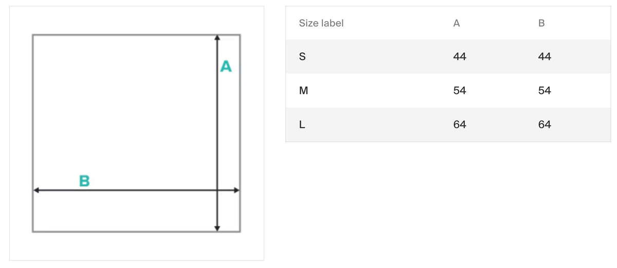5. Size chart for bandana showing dimensions in centimeters for sizes S, M, and L