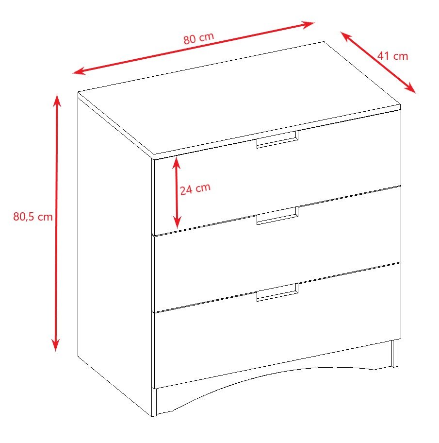 5. Size chart for white chest of drawers showing dimensions in centimeters