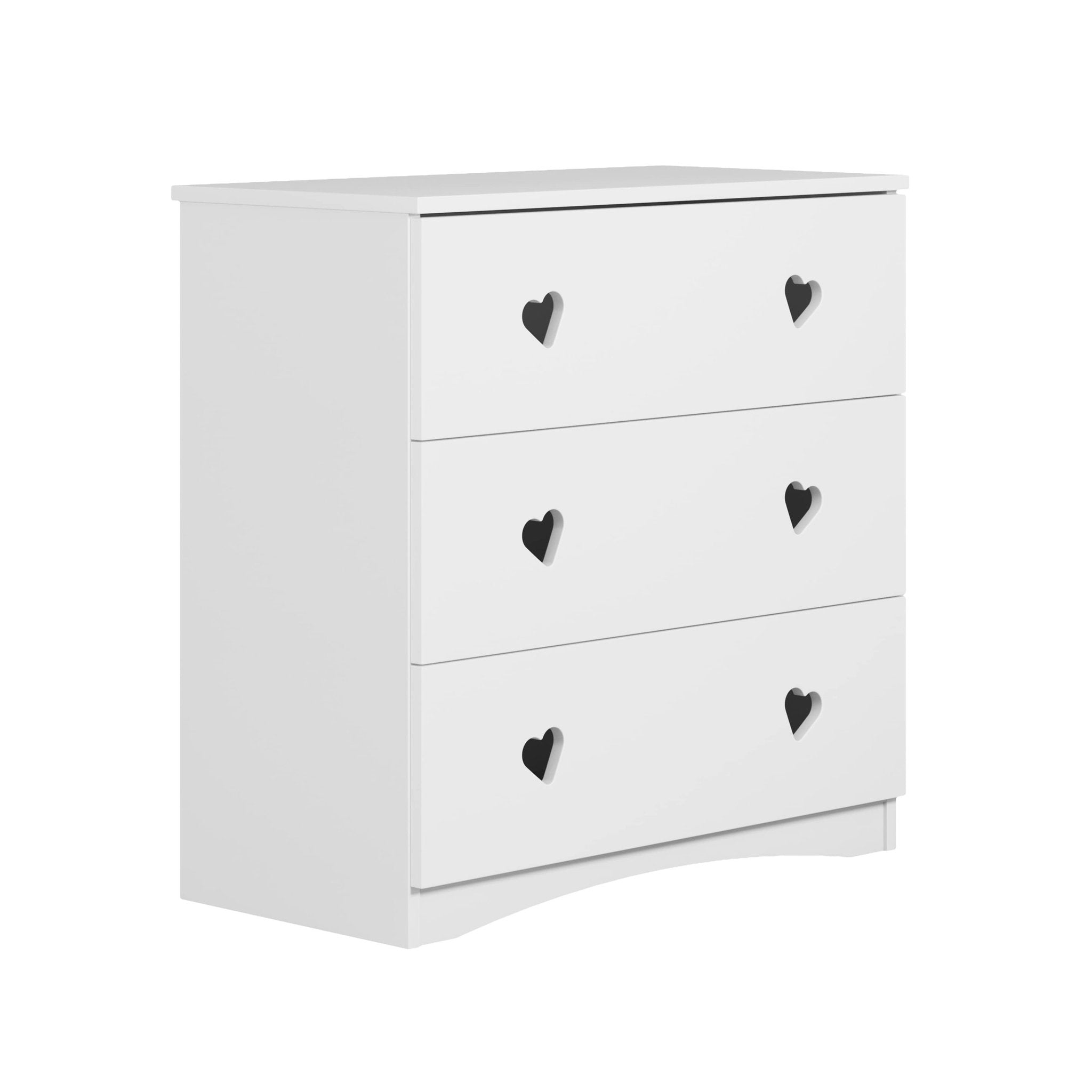 3. White chest of drawers with heart-shaped handles, angled view, three drawers, studio background