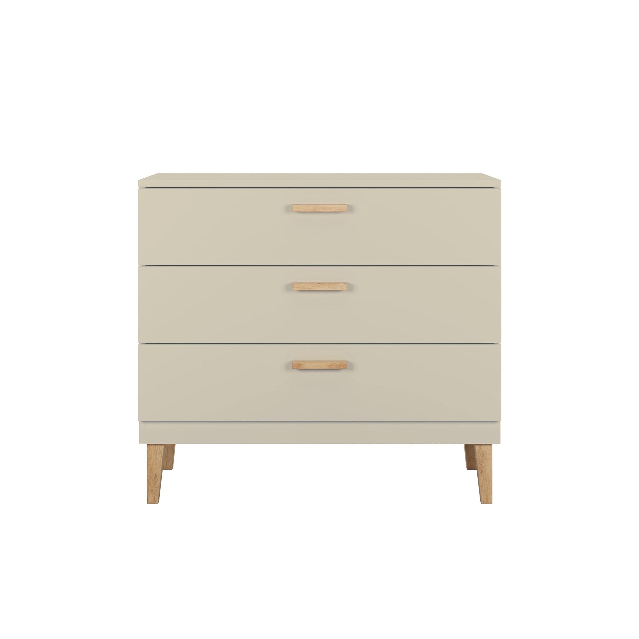 2. Studio shot of Kocot Kids Kubi chest of drawers in cashmere with three drawers and oak legs