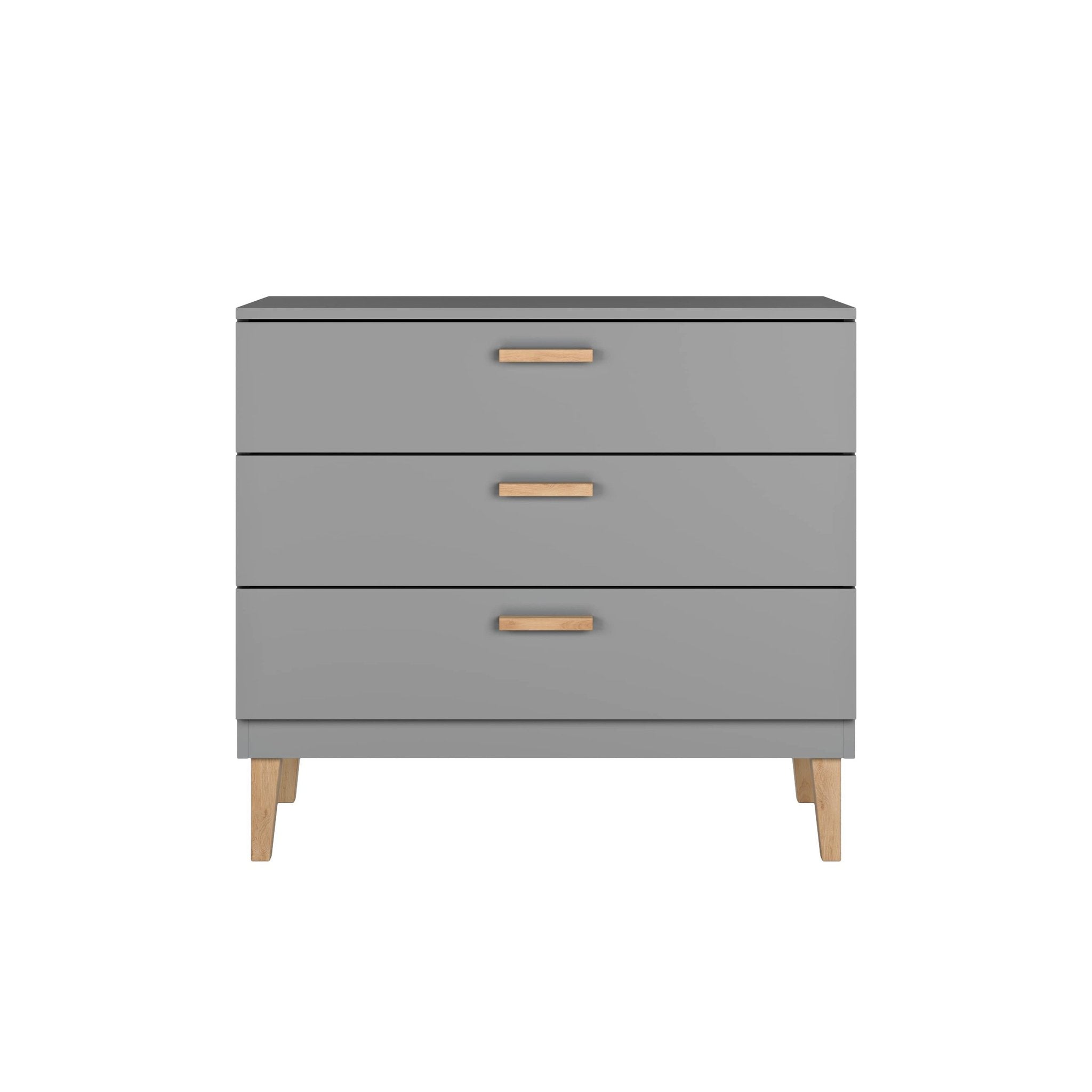 1. Front view of Kocot Kids Kubi grey chest of drawers with three spacious drawers and solid oak legs