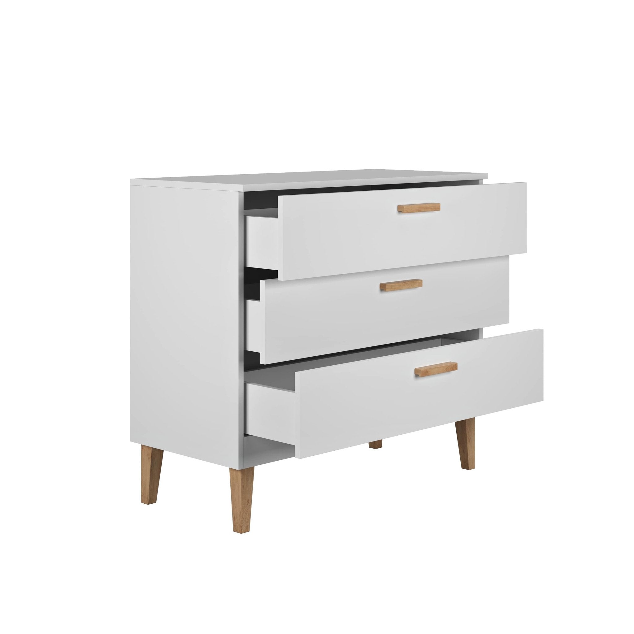3. Open drawers of white chest showing interior space and oak handles in a studio setting