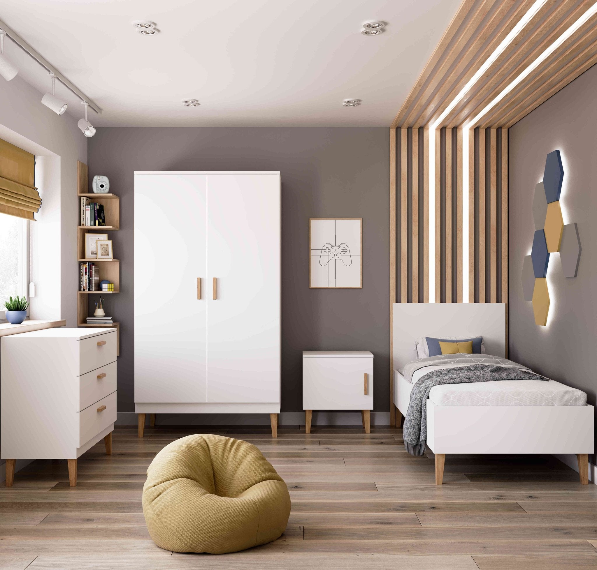1. White chest of drawers in a modern children's room with matching wardrobe and bed