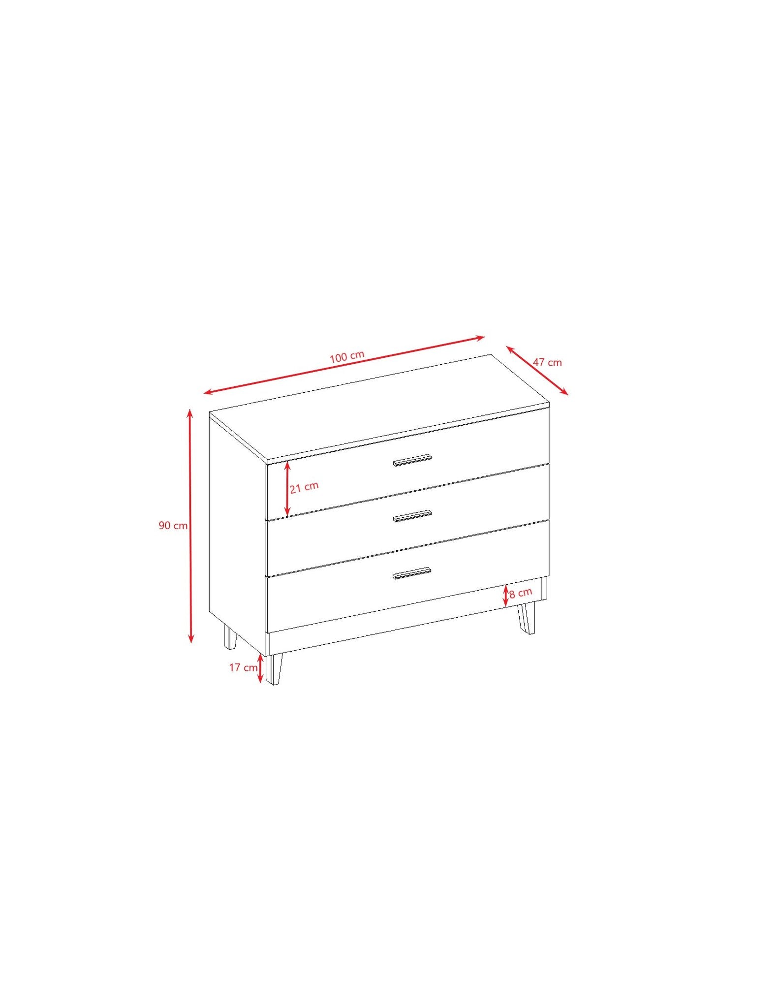 6. Size chart for Kocot Kids Kubi chest of drawers showing dimensions in centimeters