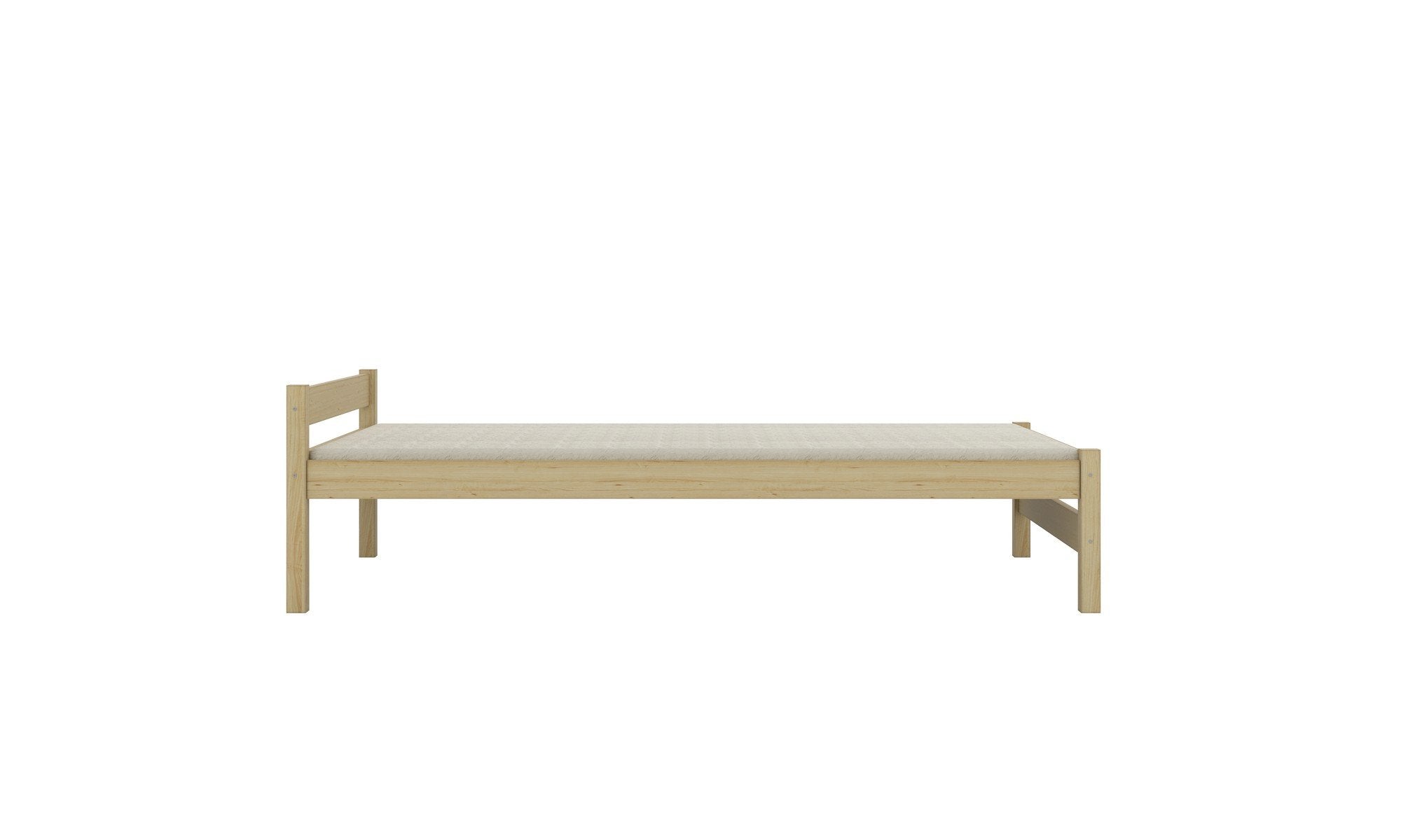 4. Front view of children's bed made from natural pine wood, showcasing the flat and minimalist design.