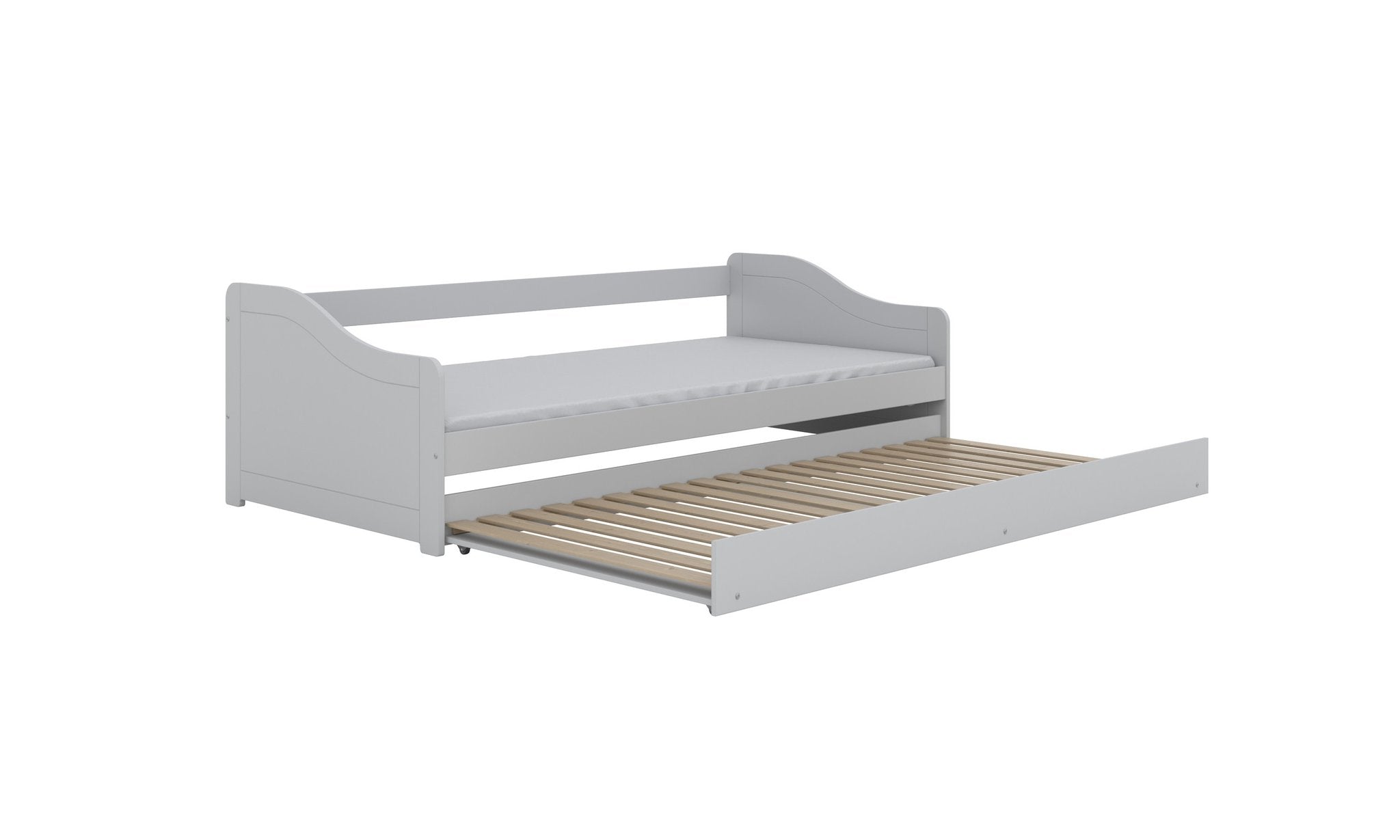 7. Children's white bed with open trundle showing slatted base in studio