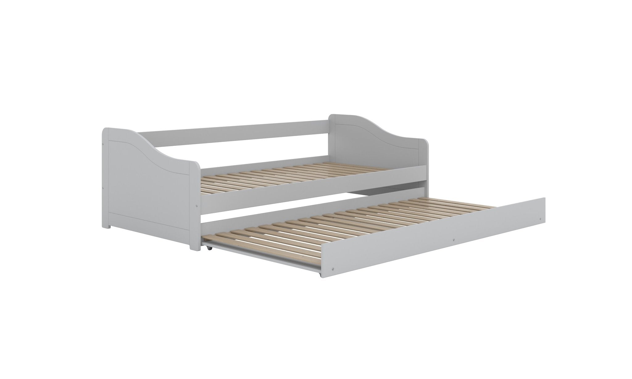 8. Children's white bed with both upper and lower slatted bases visible in studio