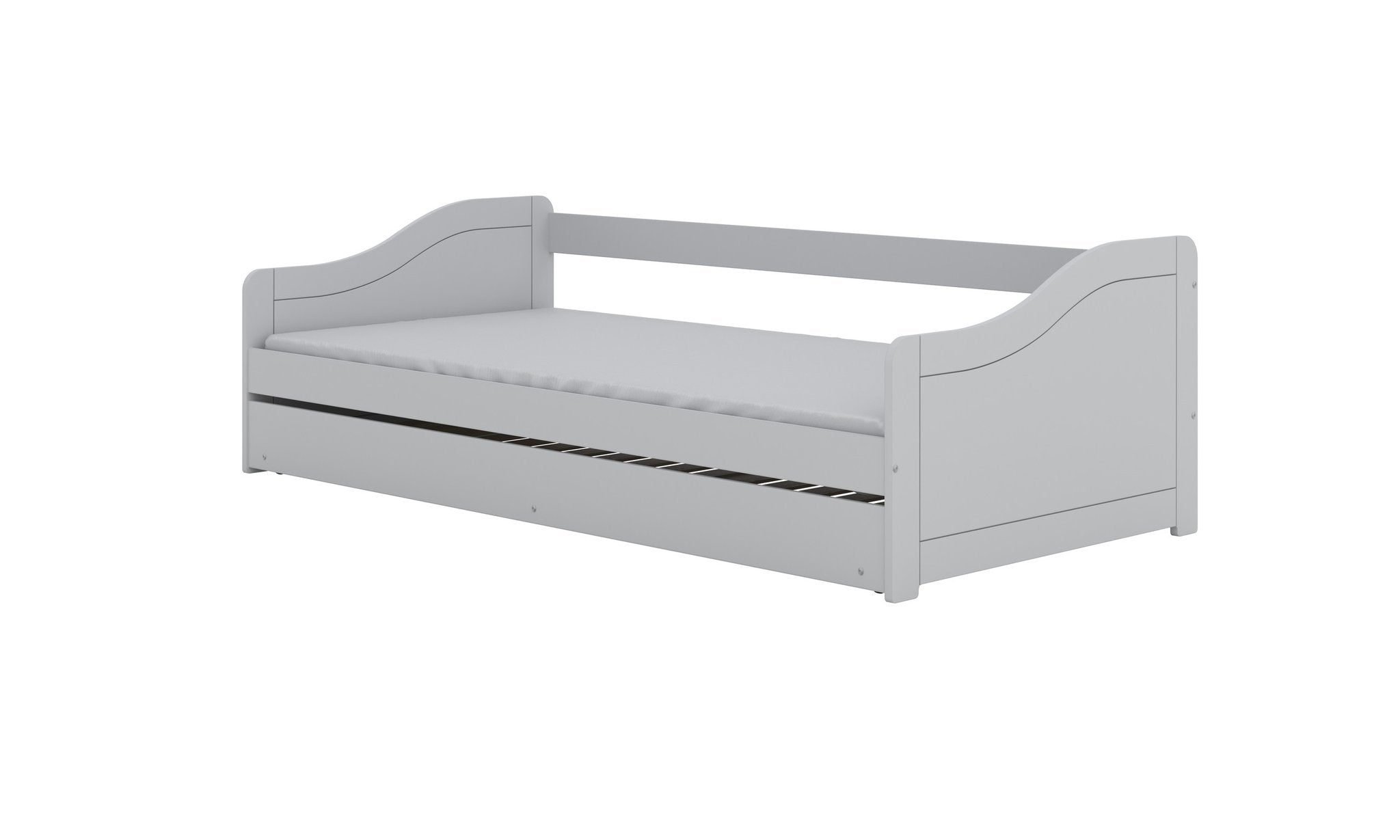 4. Side view of children's white bed with minimalist design in studio setting