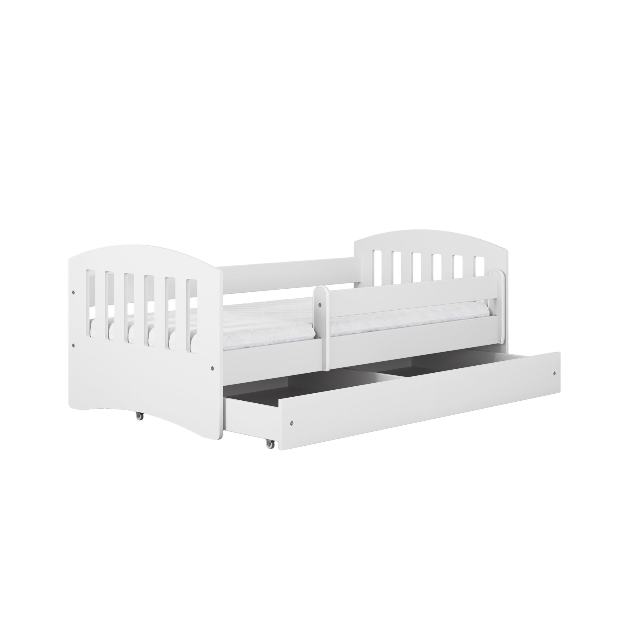 8. White children's bed with open storage drawer and guardrail in studio setting