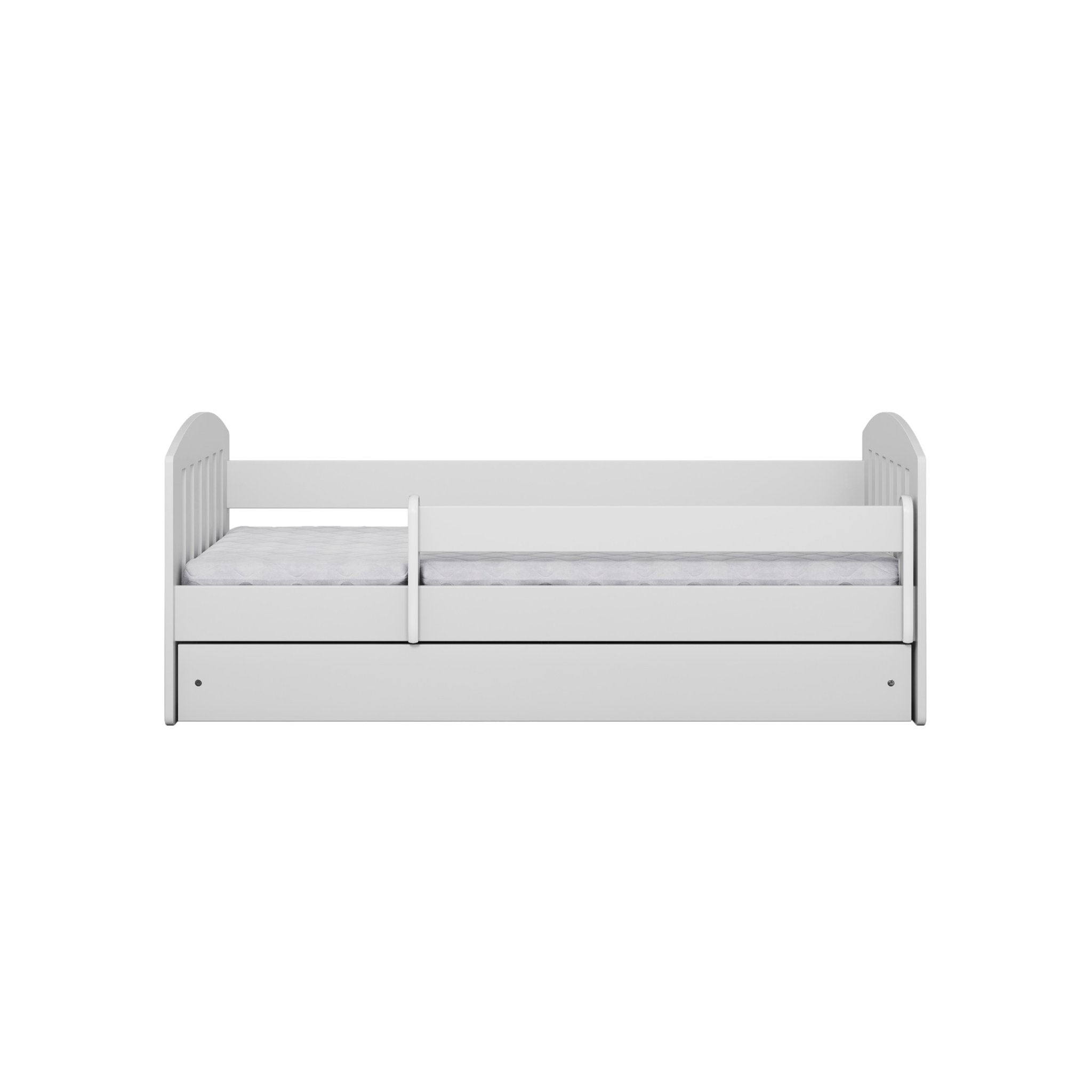 6. Front view of white children's bed with removable guardrail and storage drawer