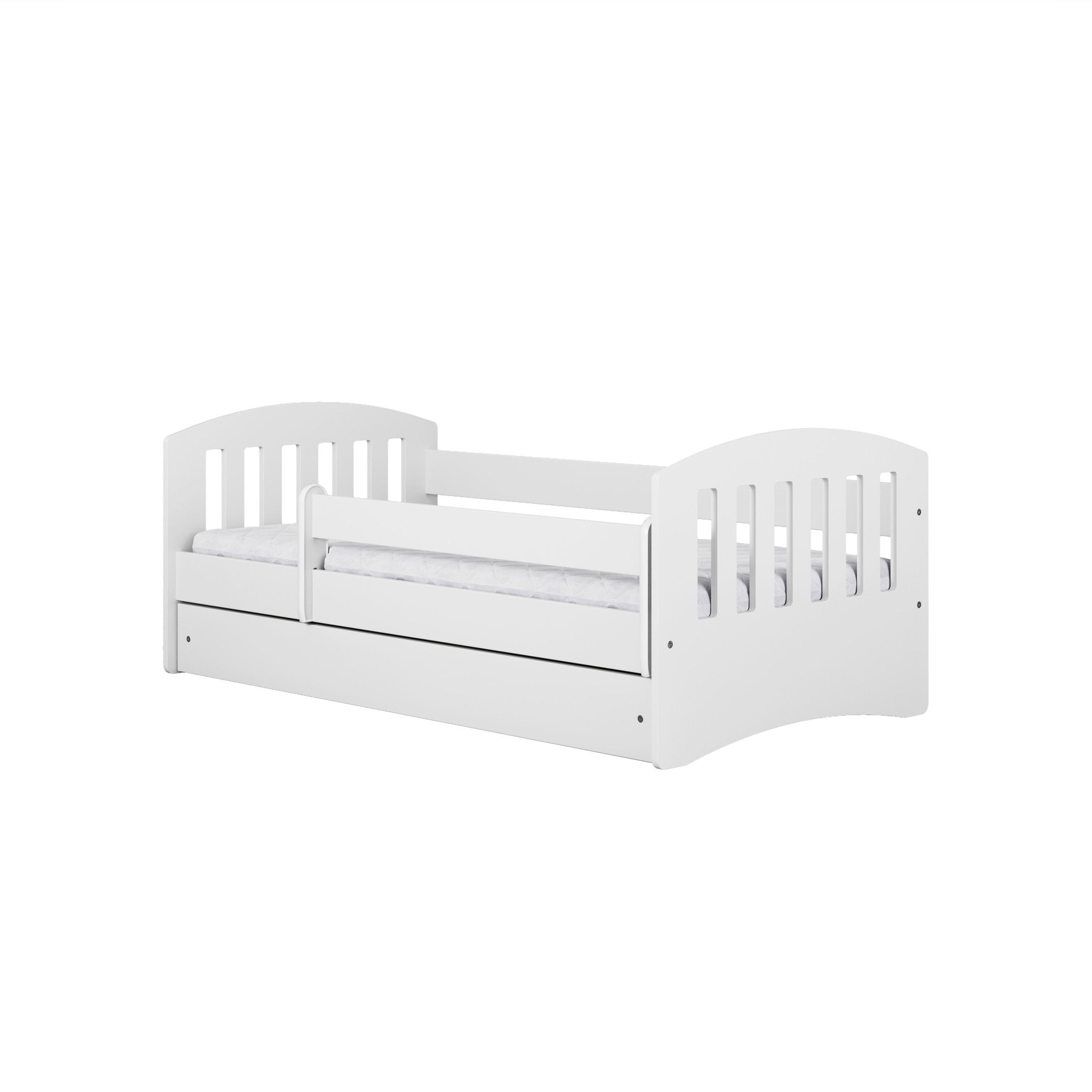 5. Studio shot of white children's bed with guardrail and storage drawer