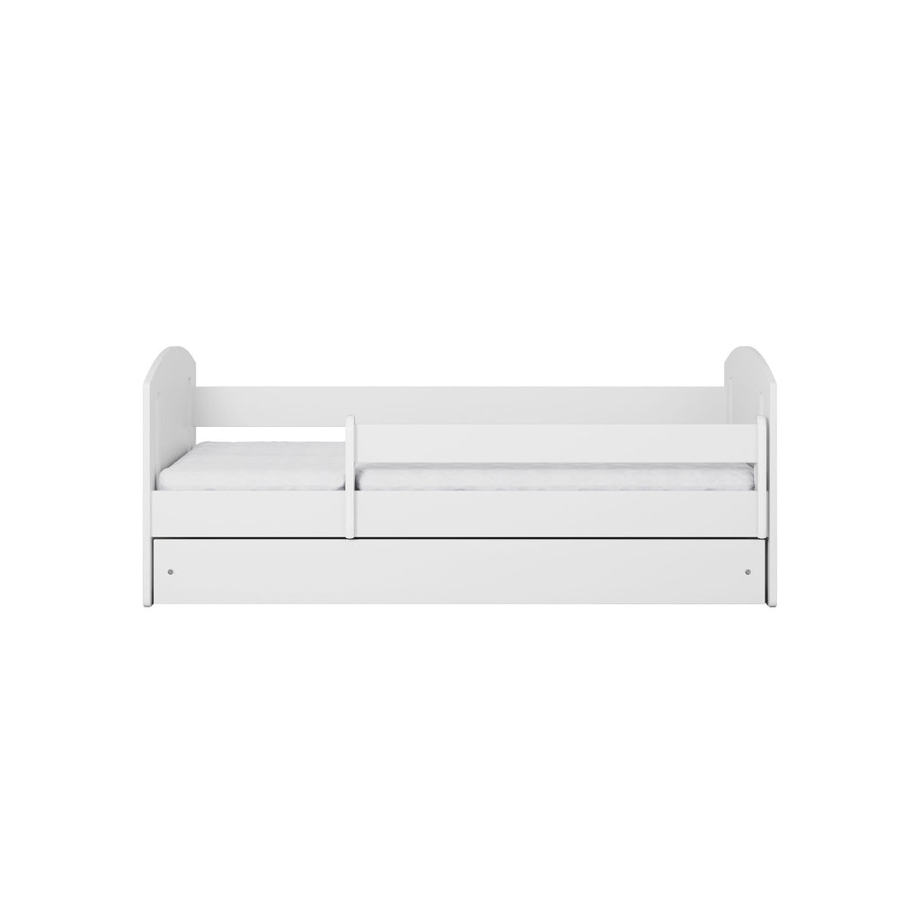 2. Front view of white children's bed with guardrail and storage drawer in studio