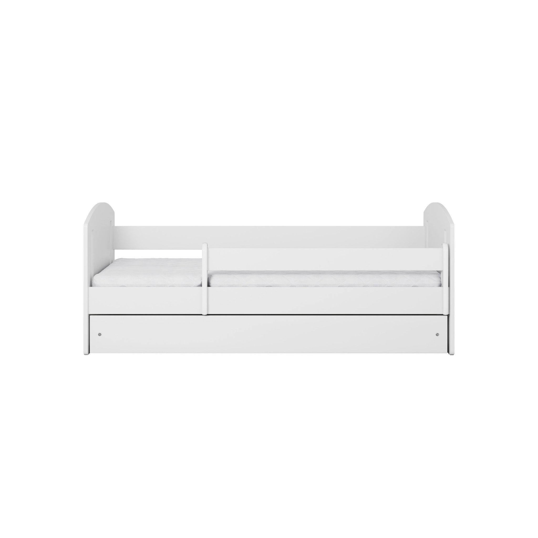 2. Front view of white children's bed with guardrail and storage drawer in studio