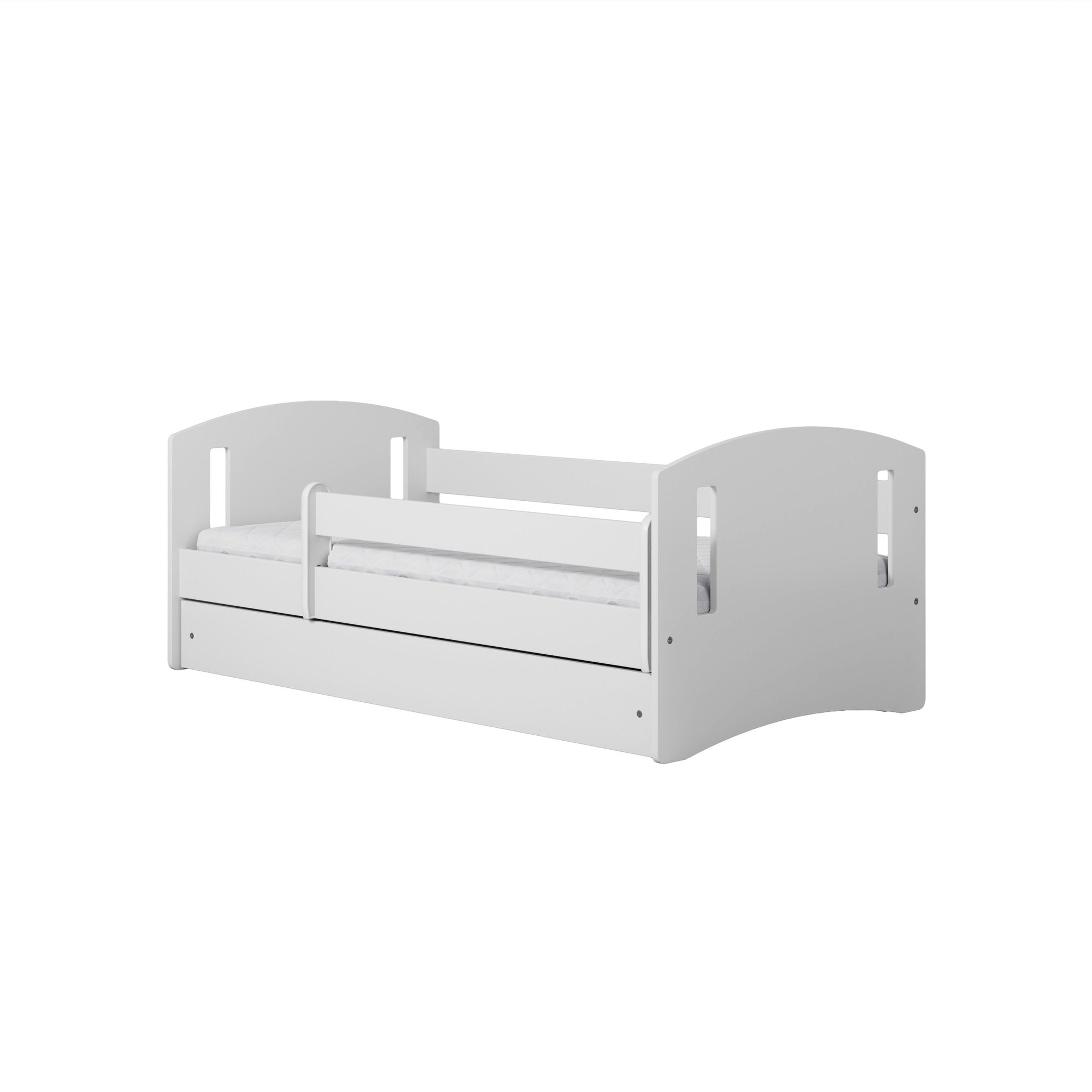 2. White children's bed with guardrail and rounded edges shown from side in studio