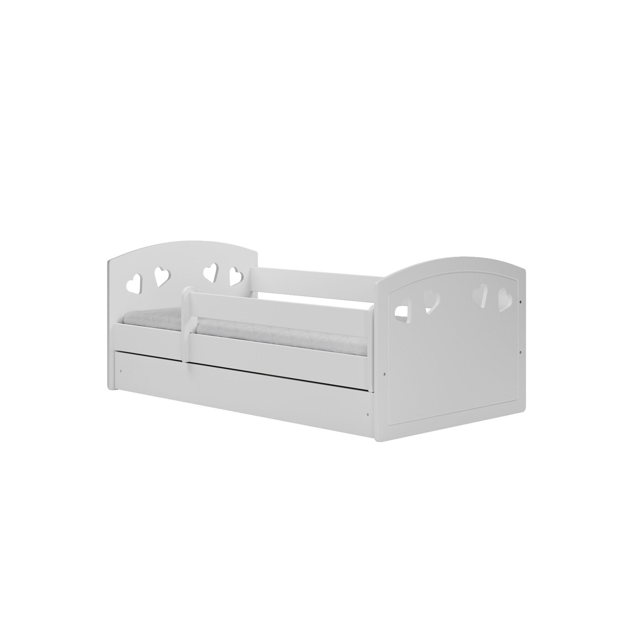 6. Studio shot of white children's bed with heart cutouts and closed storage drawer