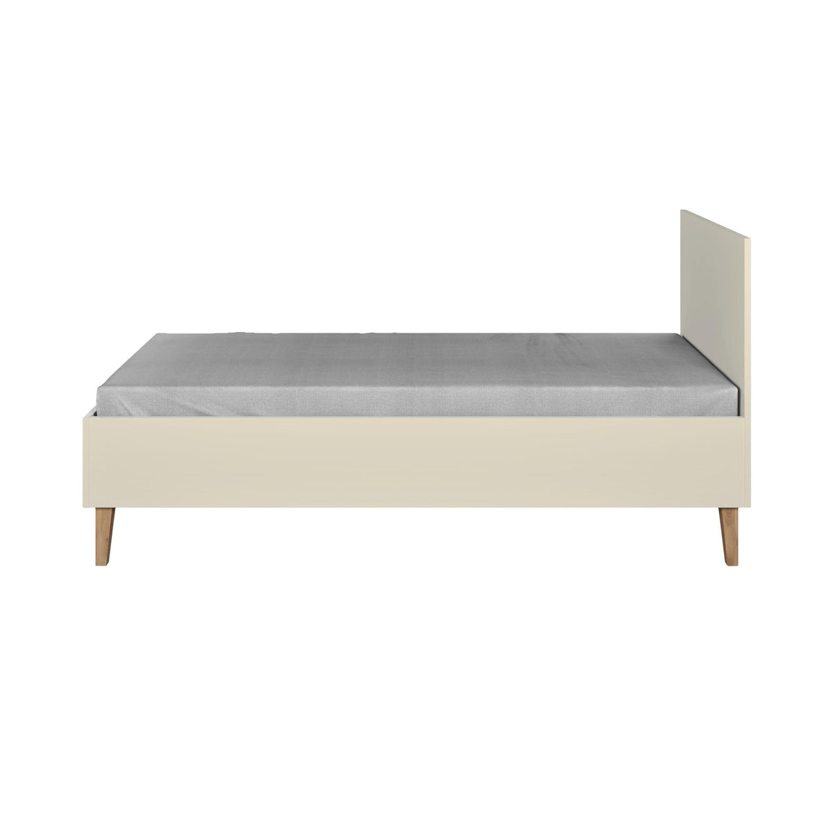 3. Side view of Kubi children's bed in cashmere with solid oak legs and grey mattress