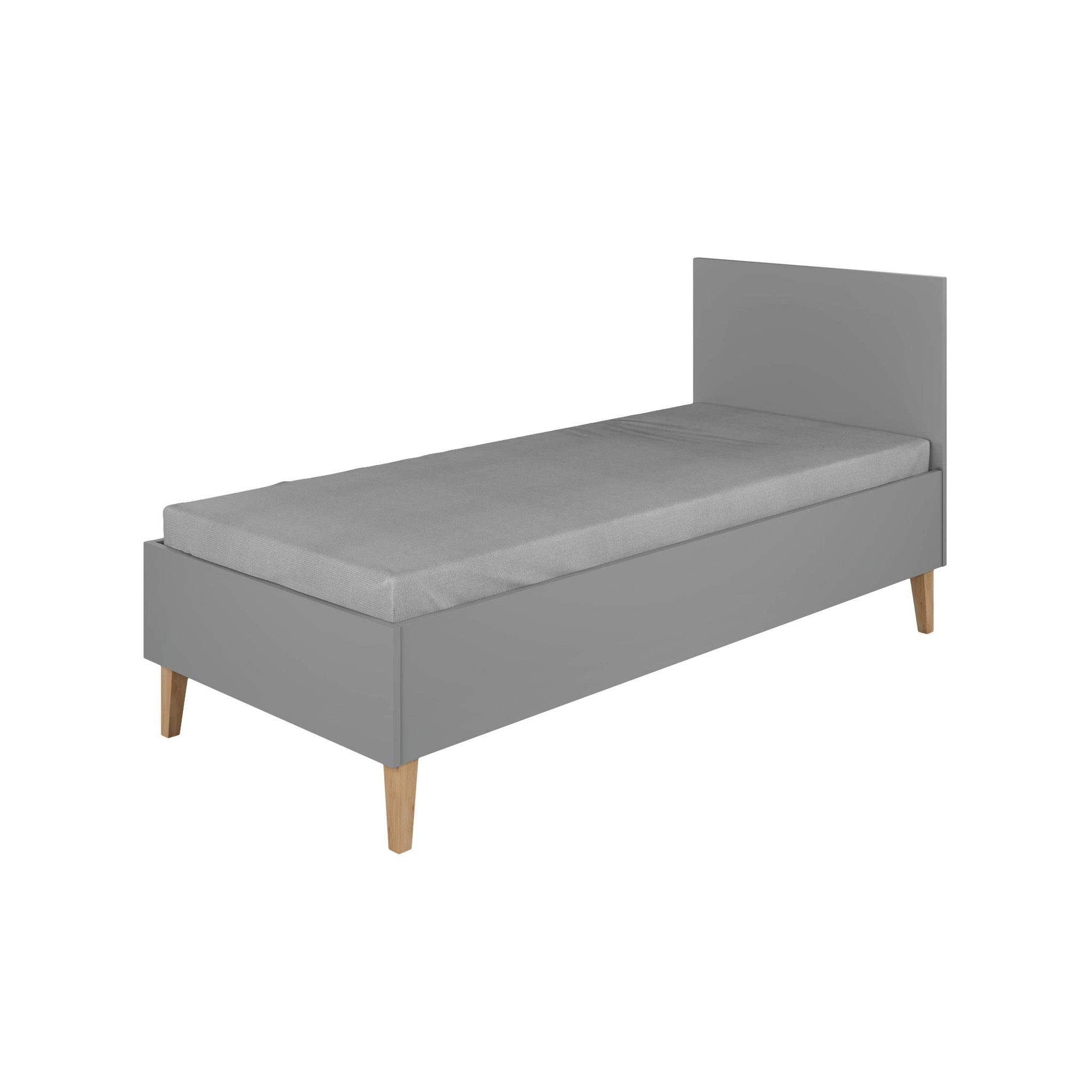 3. Side view of grey children's bed with oak legs, showcasing simple and modern design