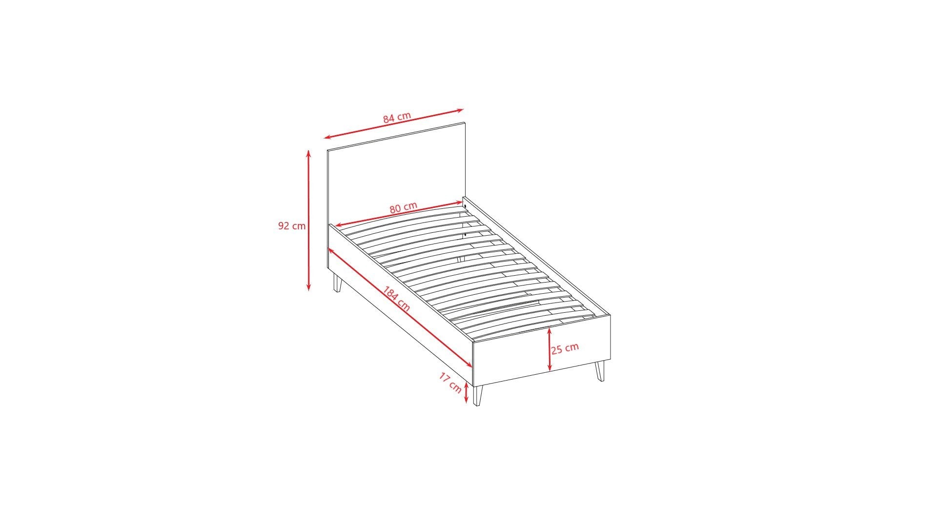 5. Size chart for Kubi children's bed showing dimensions and slat spacing in centimeters