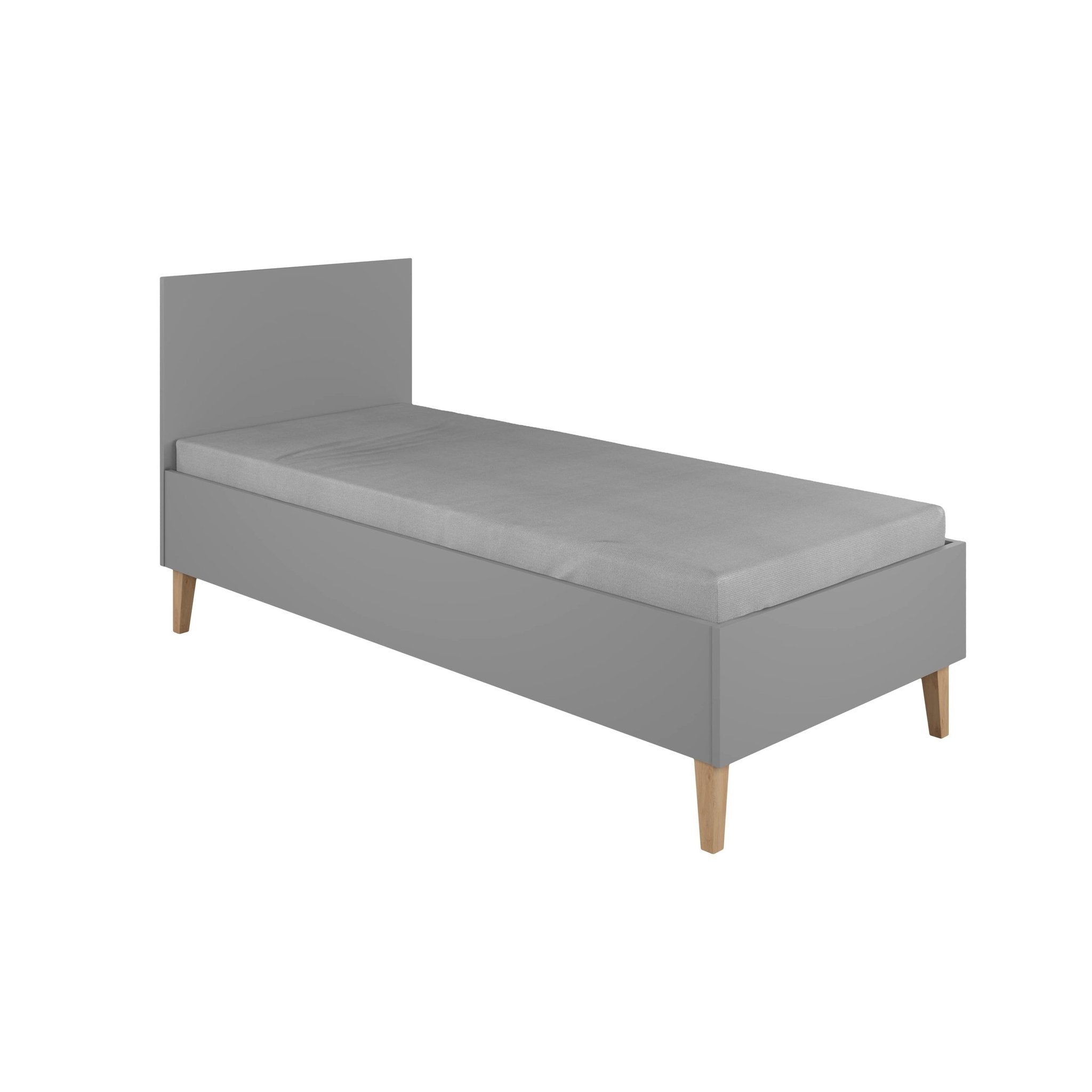 2. Grey children's bed with solid oak legs shown in a studio setting, highlighting minimalist Scandinavian design