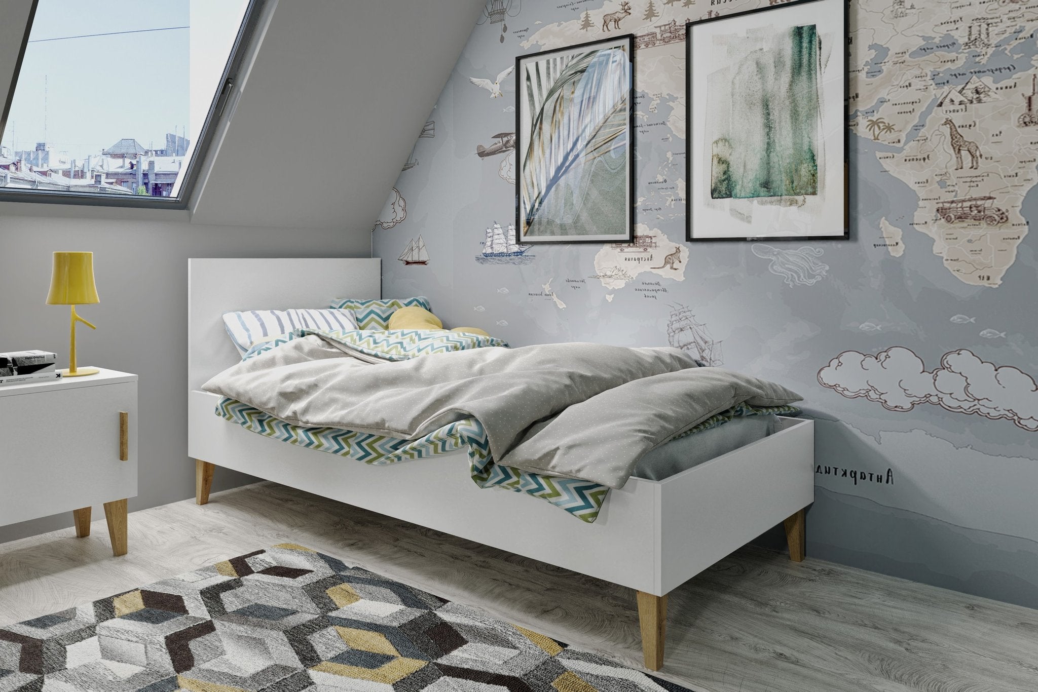 1. Cozy children's room with white Kubi bed, map-themed wall, and colorful bedding