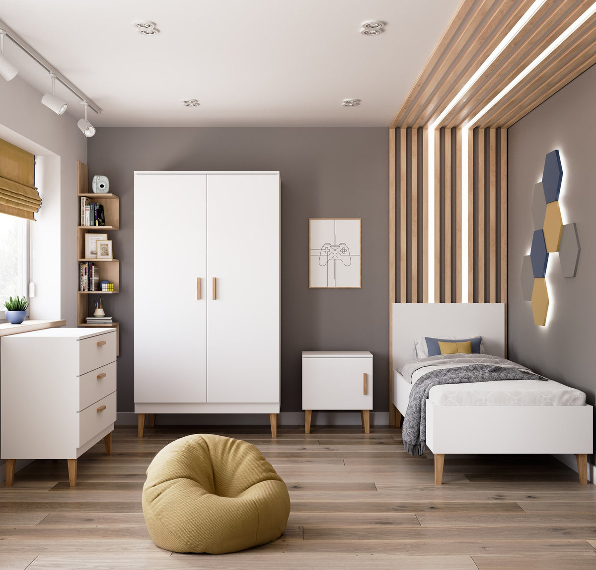 1. Scandinavian-style children's bedroom with white Kubi bed, wardrobe, and chest of drawers, featuring wooden accents and geometric wall decor