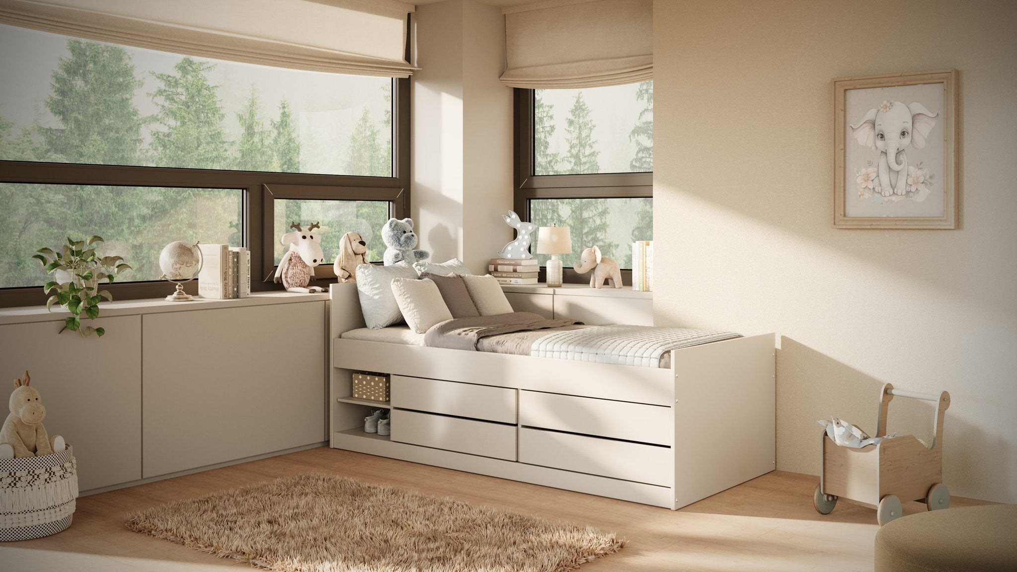 1. Children's white Leon bed with storage drawers and shelves in a cozy bedroom setting with plush toys and natural light