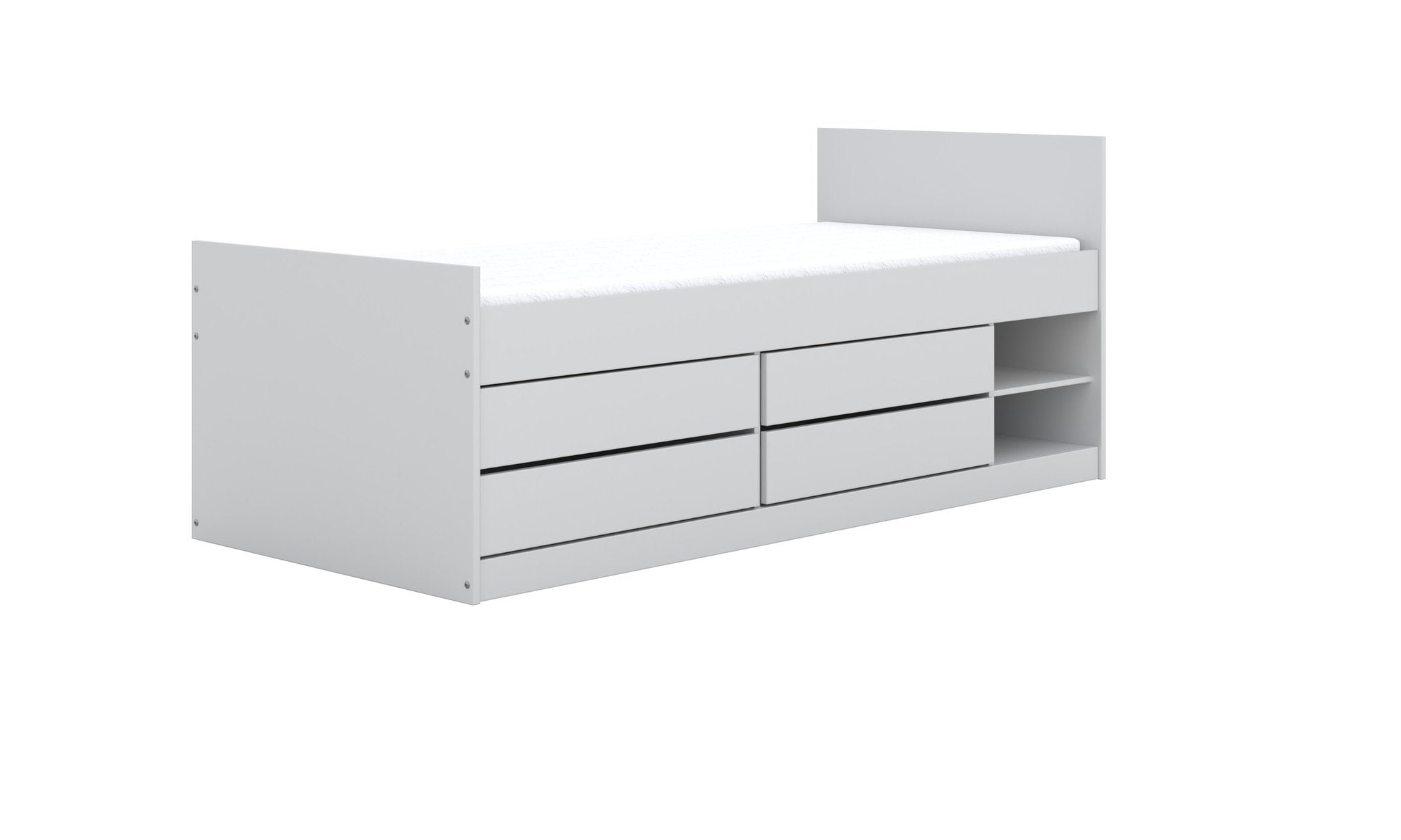 5. Studio shot of white children's Leon bed with closed drawers and shelves, shown from side