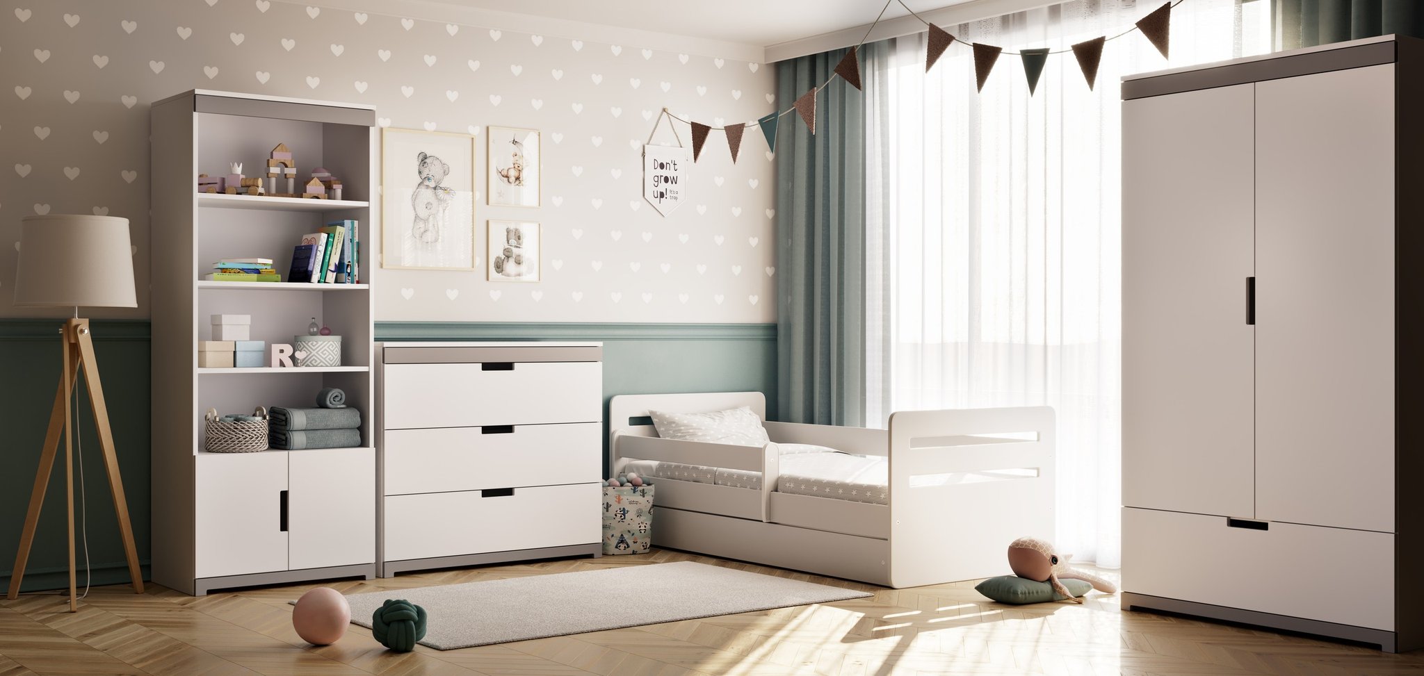 6. Spacious children's room with white Tomi bed, wardrobe, and shelving unit